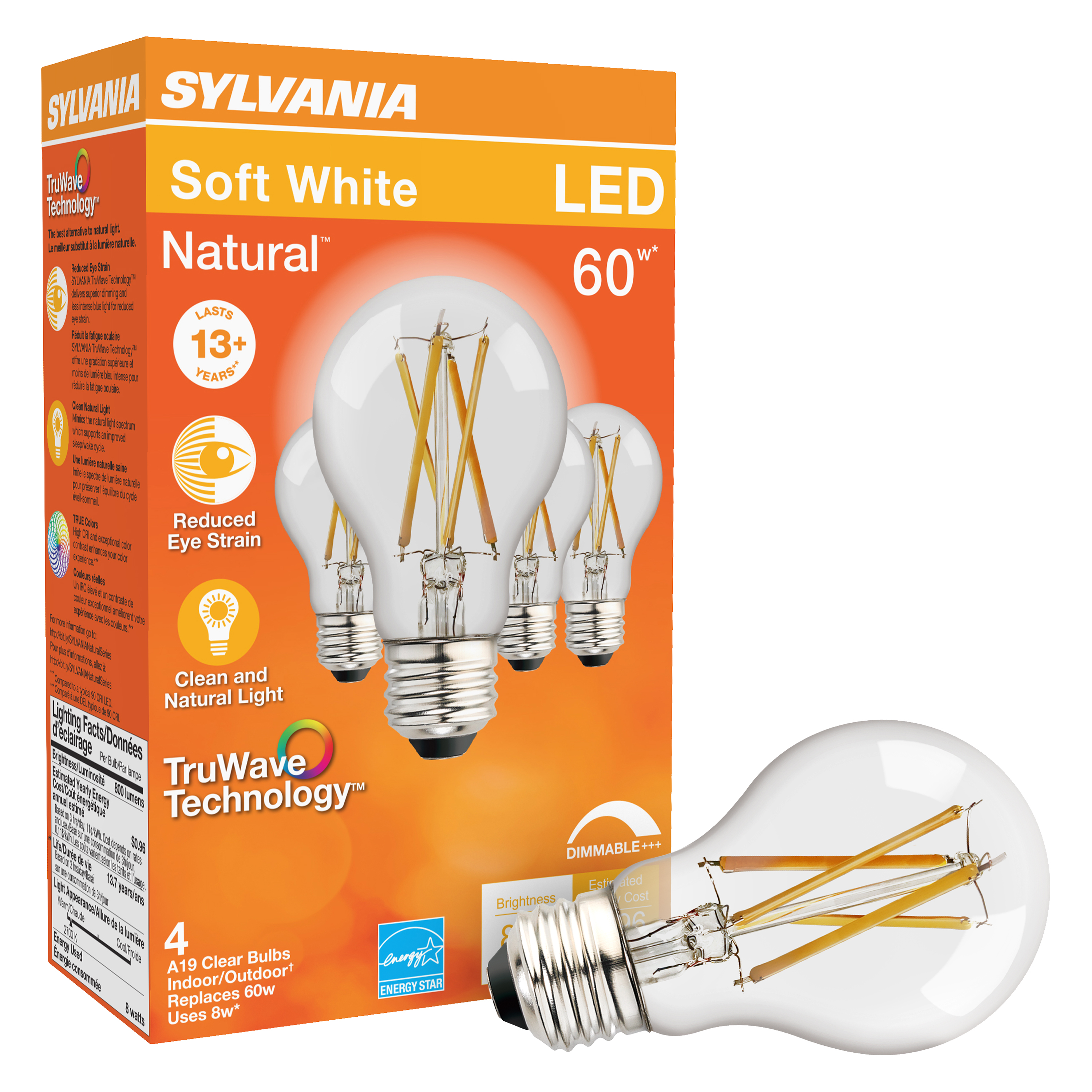 40687 Natural LED Bulb, 120 V, 800 Lumens, 8 W, A19 Lamp, 60 W Equivalent, E26 Lamp Base, Dimmable