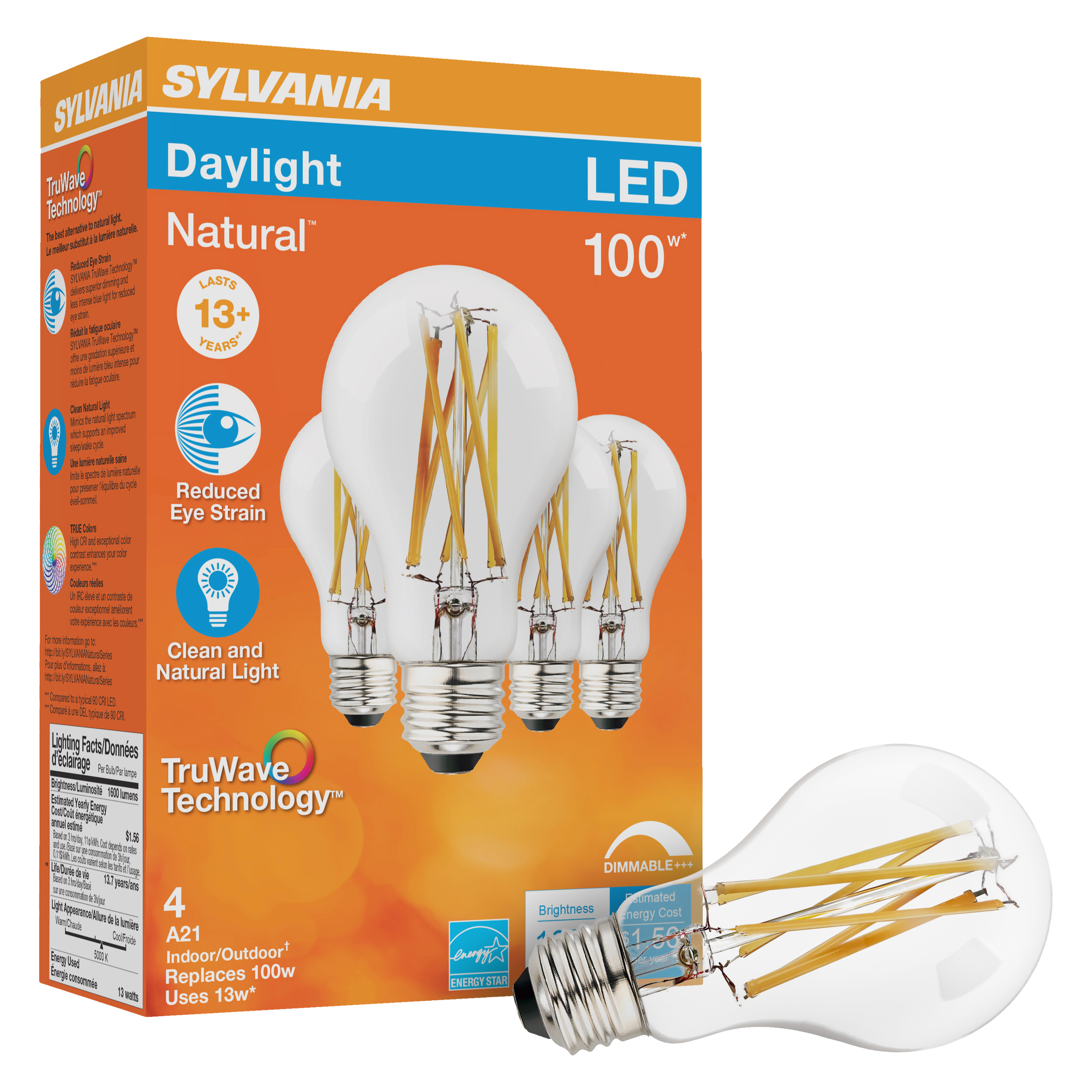 40875 Natural LED Bulb, General Purpose, A21 Lamp, 100 W Equivalent, E26 Lamp Base, Dimmable, Clear