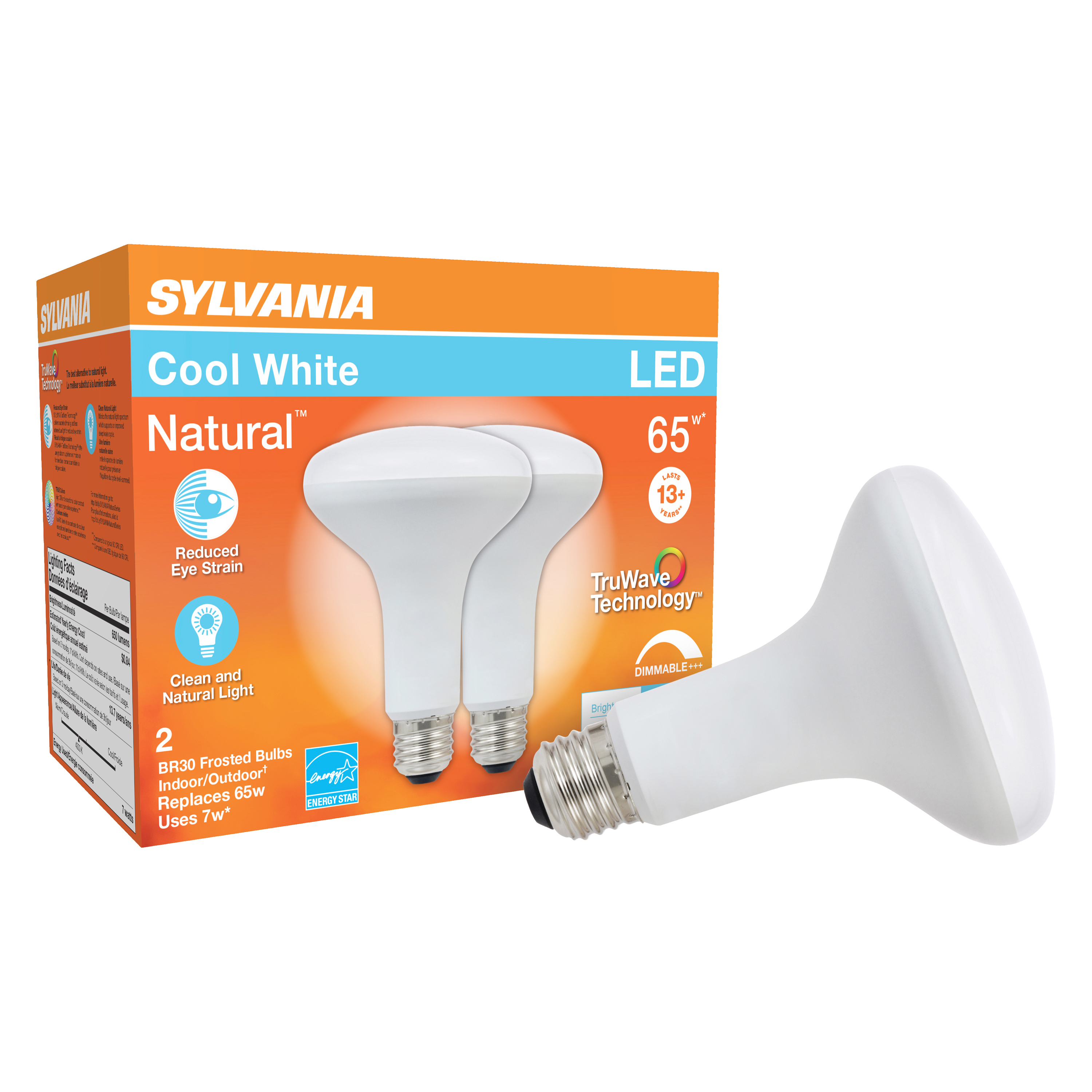 Sylvania 40832 Natural LED Bulb, Spotlight, 650 Lumens, 7 W, BR30 Lamp, 65 W Equivalent, E26 Lamp Base, Dimmable