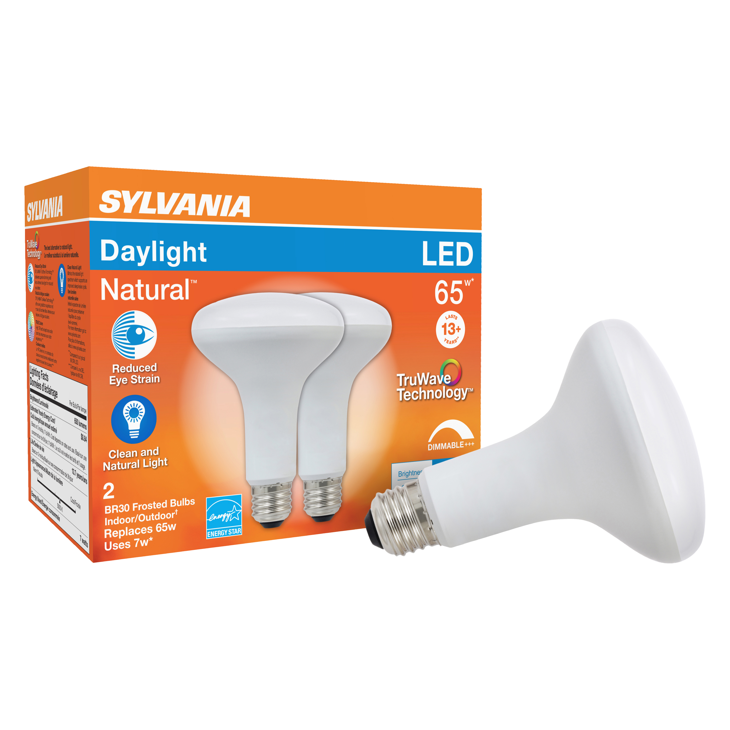 Sylvania 40730 Natural LED Bulb, Spotlight, BR30 Lamp, 65 W Equivalent, E26 Lamp Base, Dimmable, Frosted, Daylight Light
