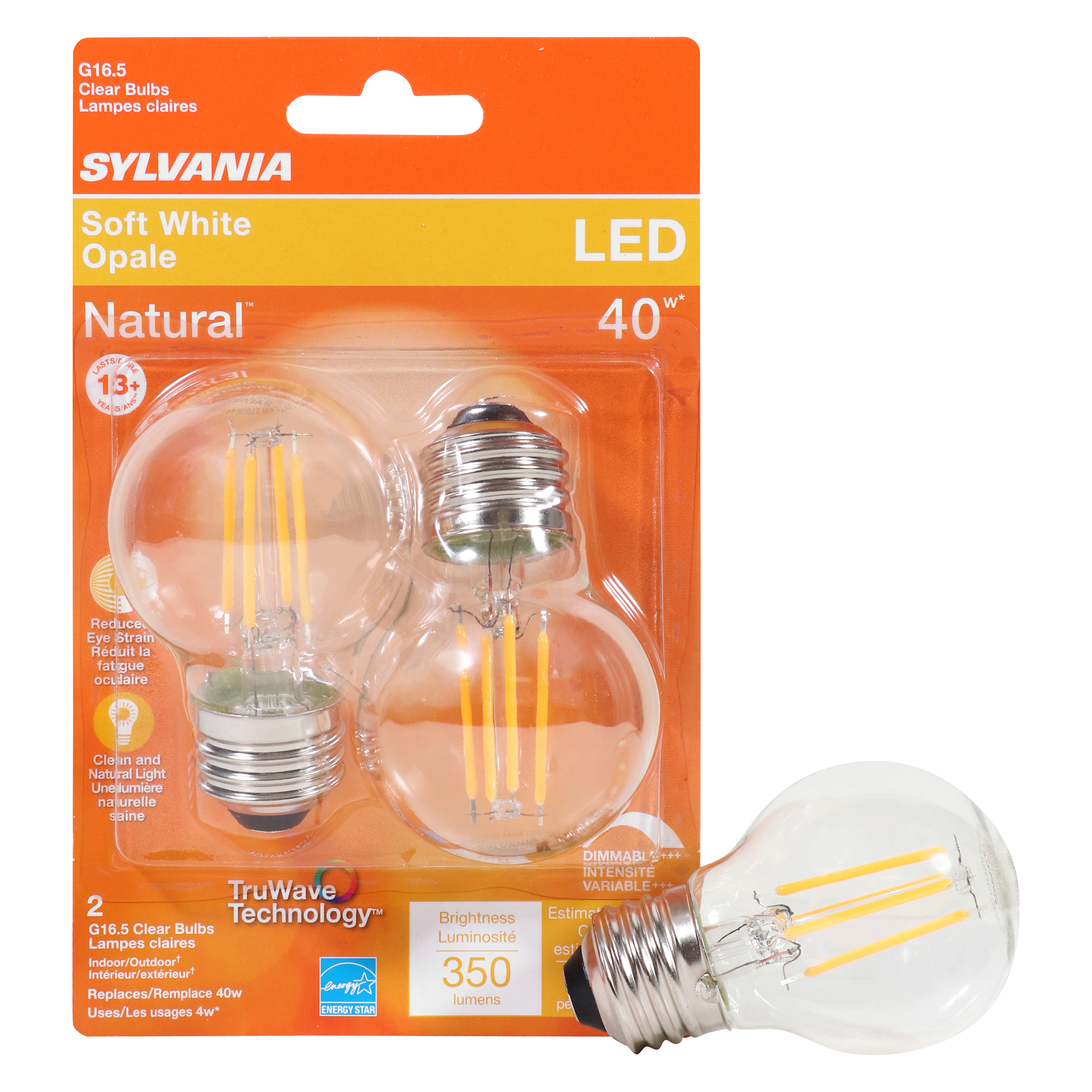 40847 Natural LED Bulb, Globe, G16.5 Lamp, 40 W Equivalent, E26 Lamp Base, Dimmable, Clear, Soft White Light