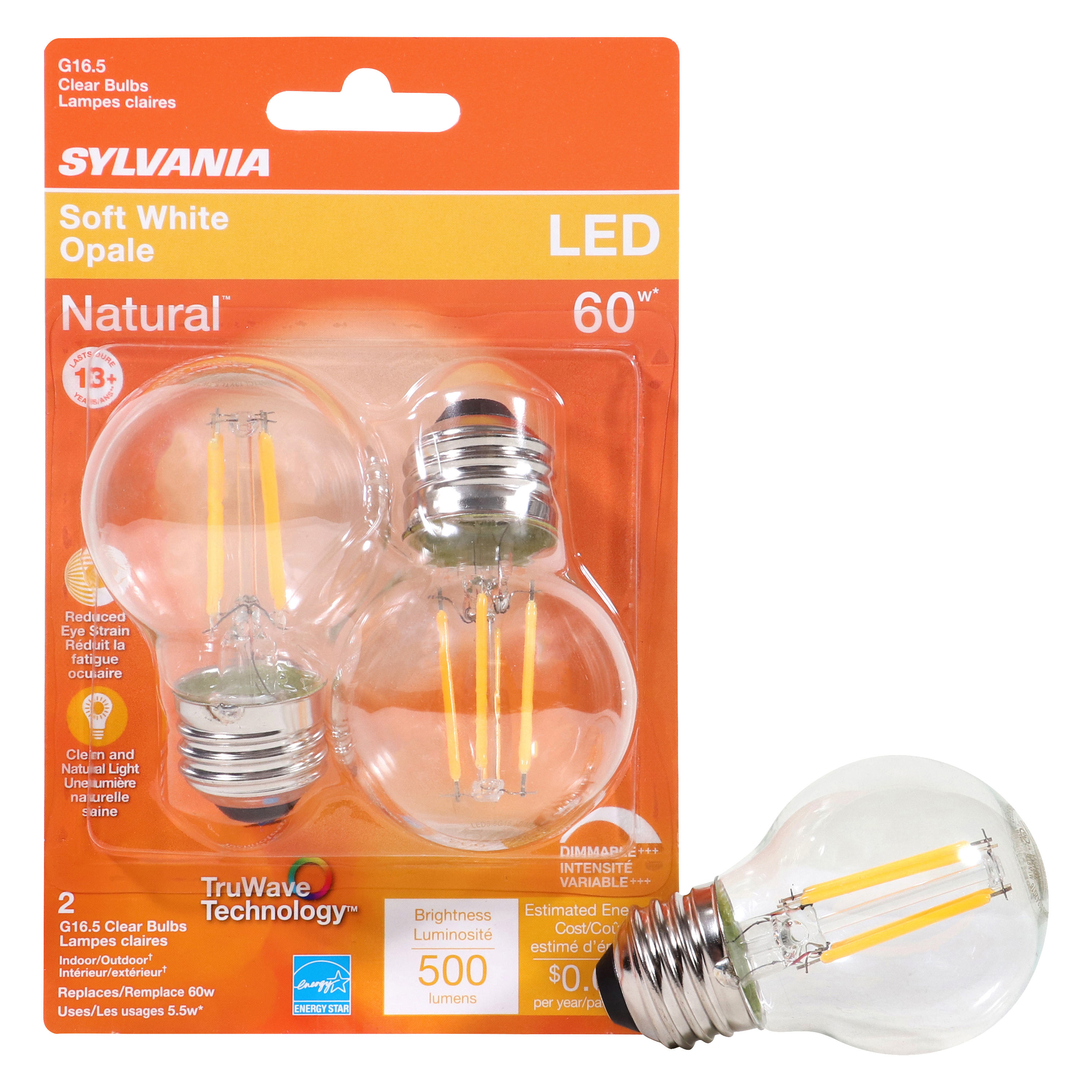 40850 Natural LED Bulb, Globe, G16.5 Lamp, 60 W Equivalent, E26 Lamp Base, Dimmable, Clear, Soft White Light