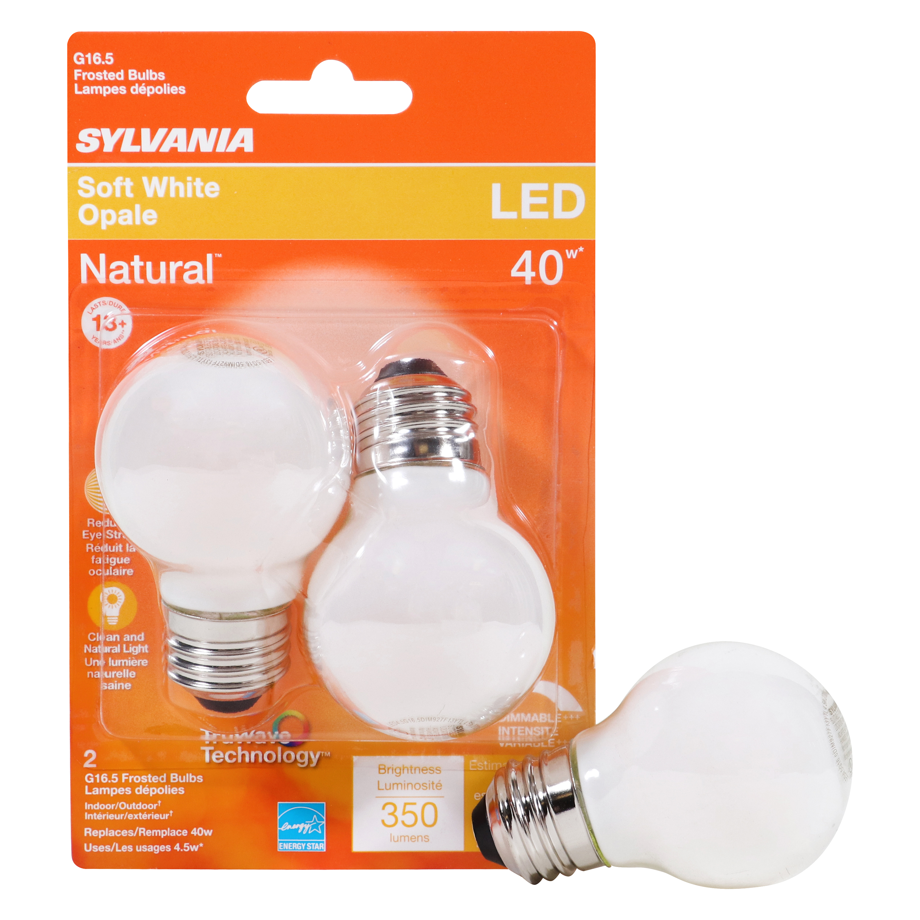 40799 Natural LED Bulb, Globe, G16.5 Lamp, 40 W Equivalent, E26 Lamp Base, Dimmable, Frosted, Soft White Light
