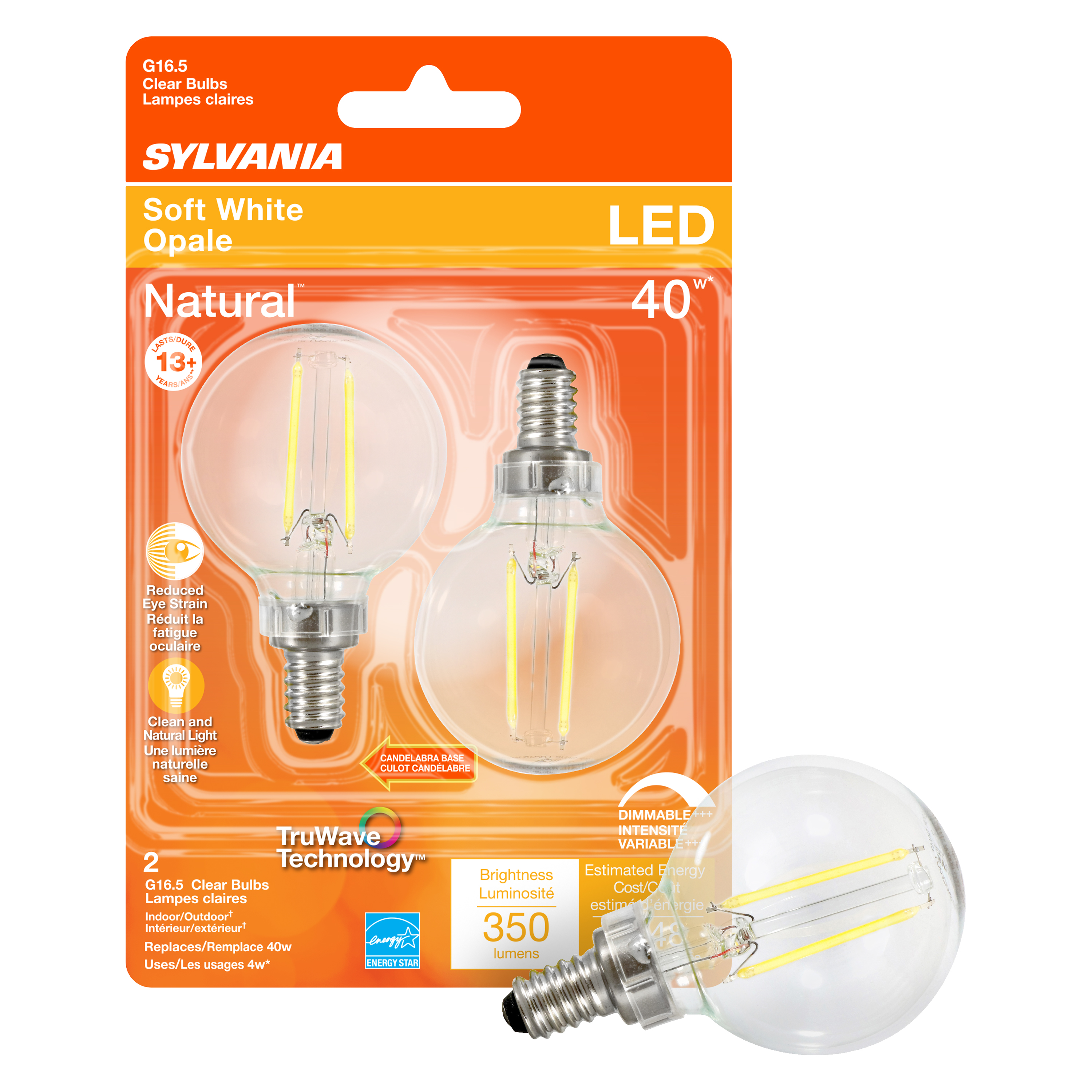 40784 Natural LED Bulb, Decorative, G16.5 Lamp, 40 W Equivalent, E12 Lamp Base, Dimmable, Clear