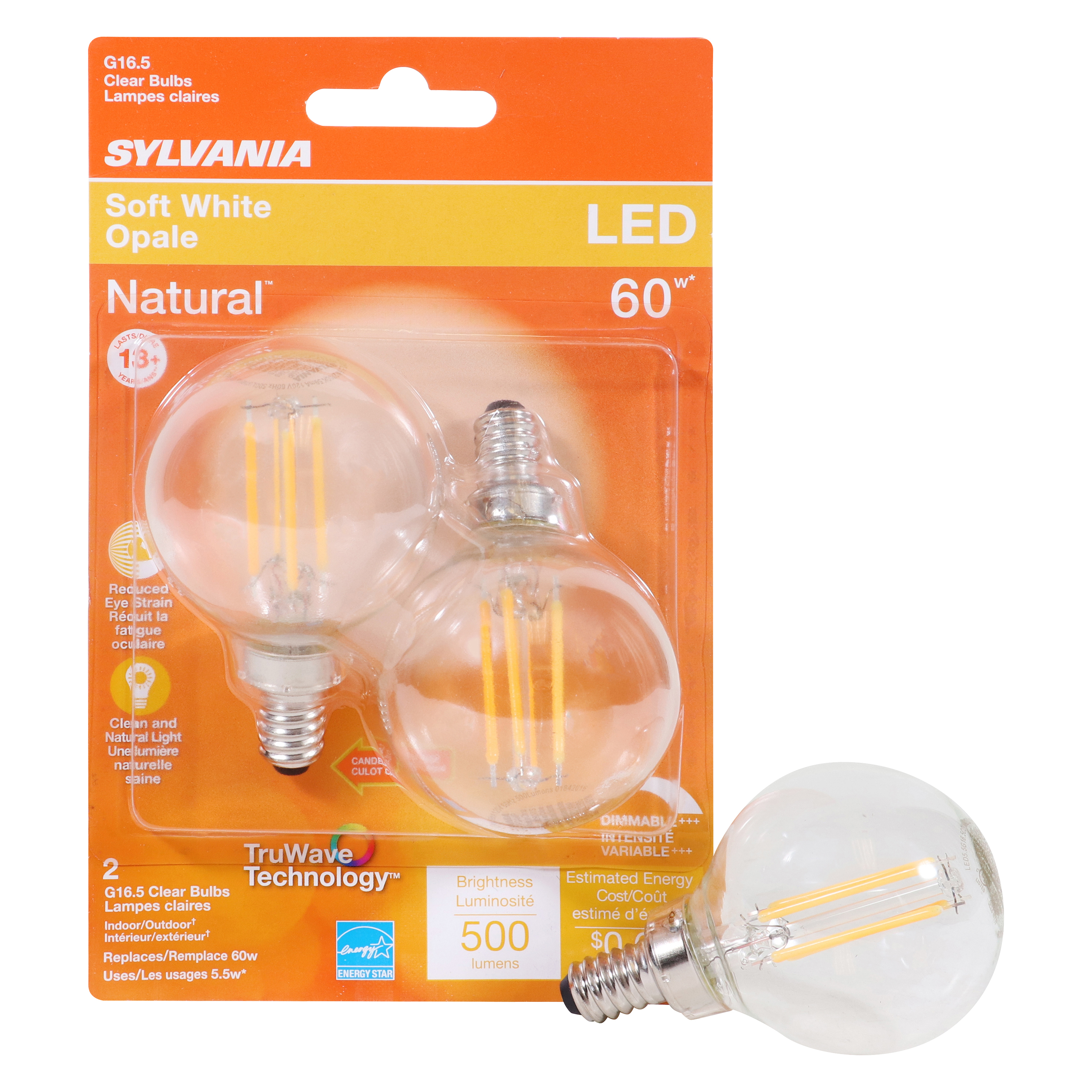 40852 LED Bulb, Decorative, G16.5 Lamp, 60 W Equivalent, E12 Lamp Base, Dimmable, Clear, Soft White Light