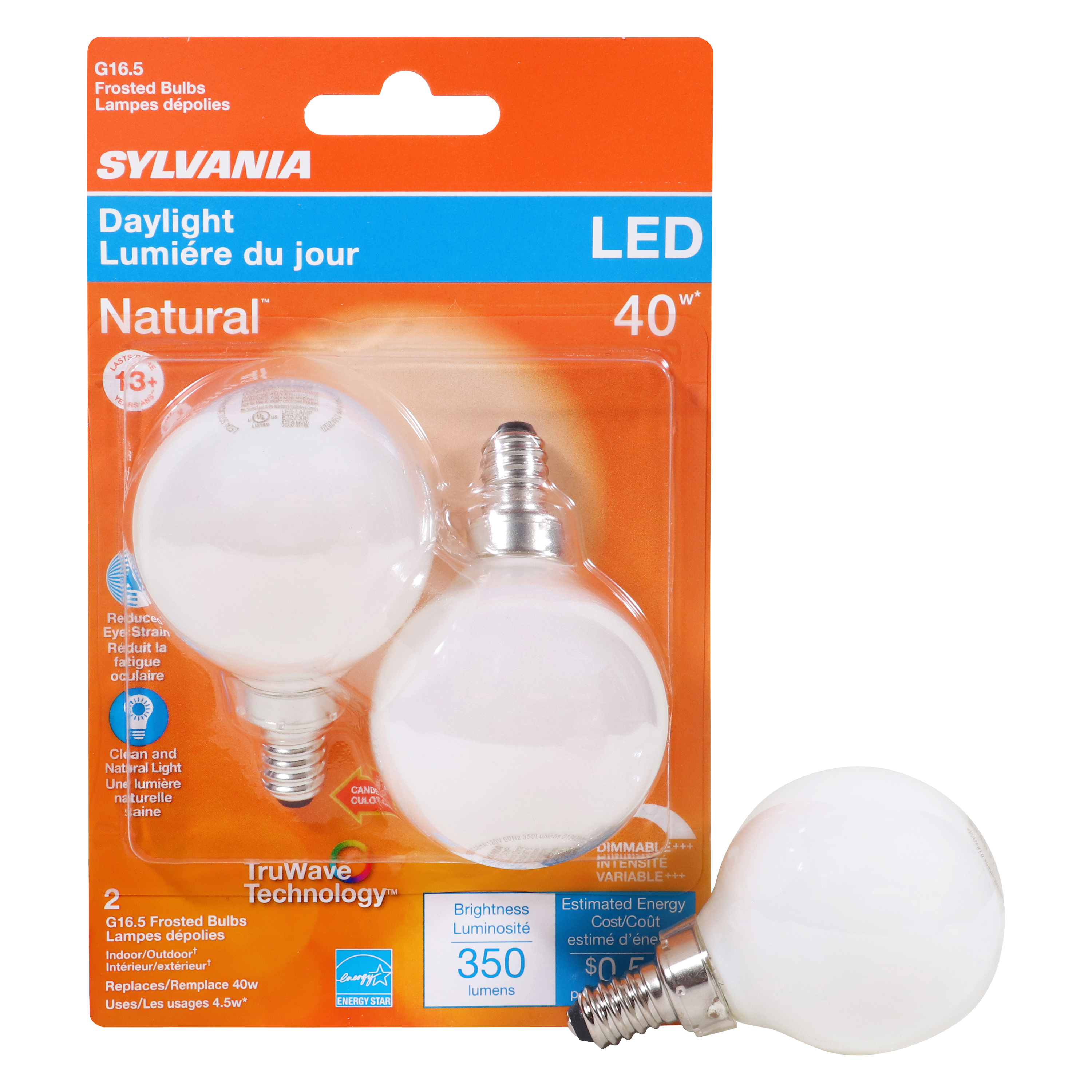 40798 Natural LED Bulb, Decorative, G16.5 Lamp, 40 W Equivalent, E12 Lamp Base, Dimmable, Frosted