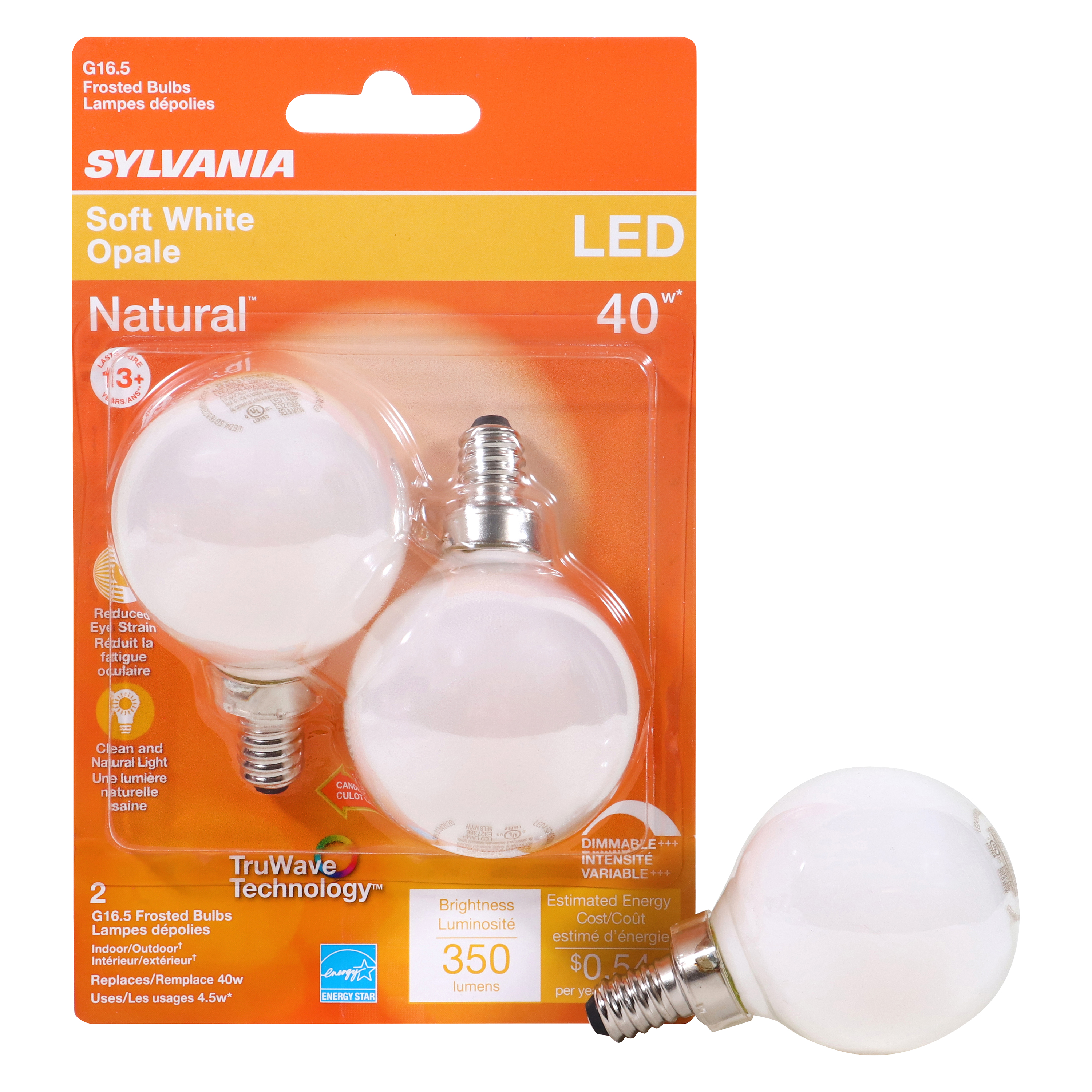 40797 Natural LED Bulb, Decorative, G16.5 Lamp, 40 W Equivalent, E12 Lamp Base, Dimmable, Frosted