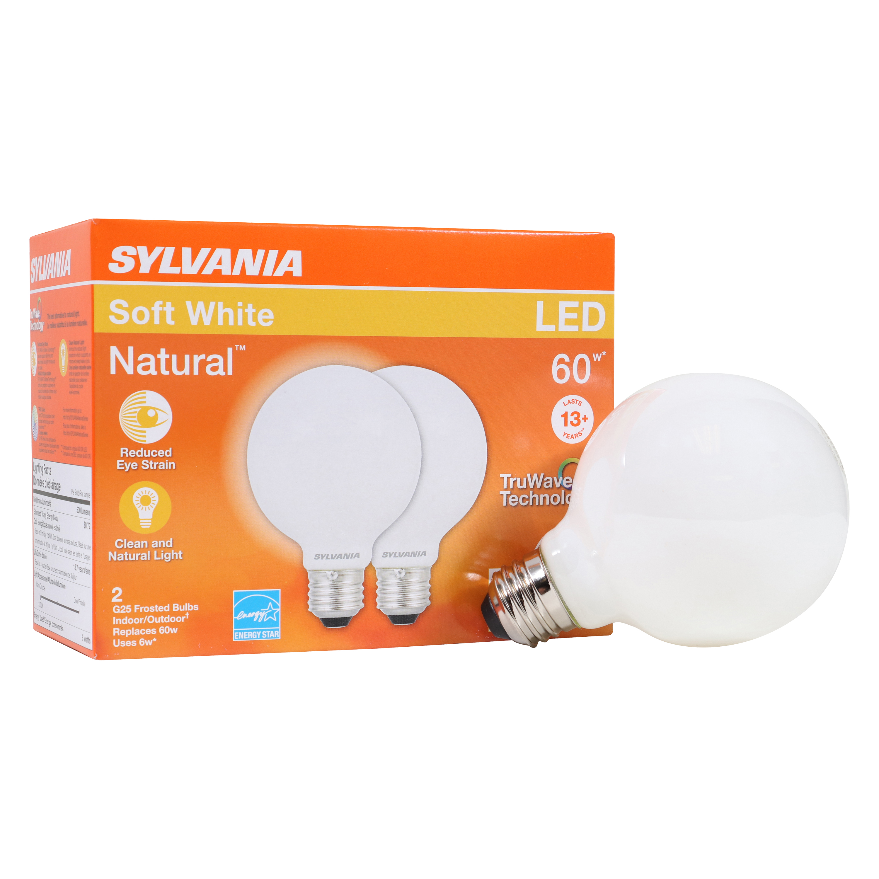 40767 Natural LED Bulb, Globe, G25 Lamp, 60 W Equivalent, E26 Lamp Base, Dimmable, Frosted, Soft White Light
