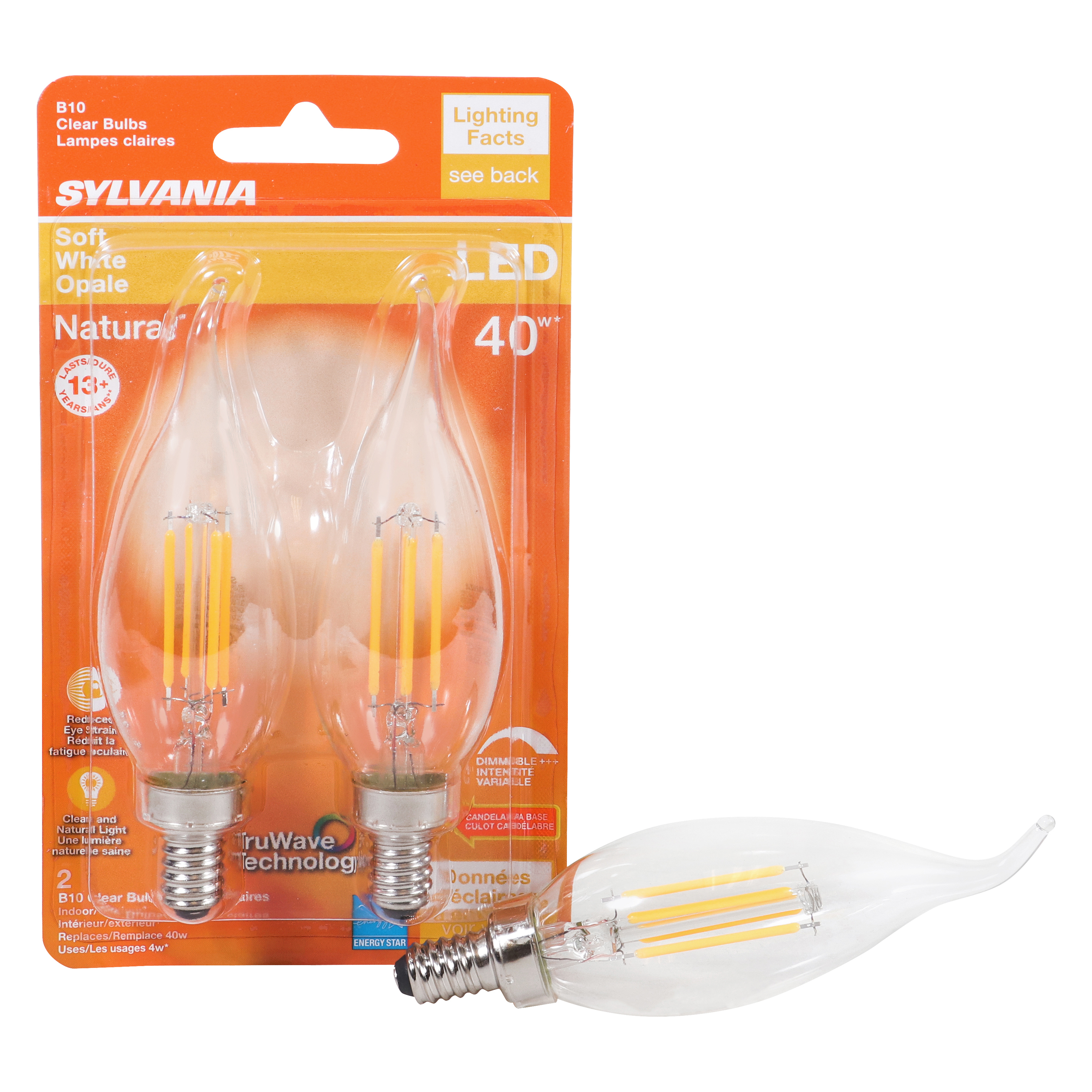 Sylvania 40755 Natural LED Bulb, Decorative, B10 Bent Tip Lamp, 40 W Equivalent, E12 Lamp Base, Dimmable, Clear