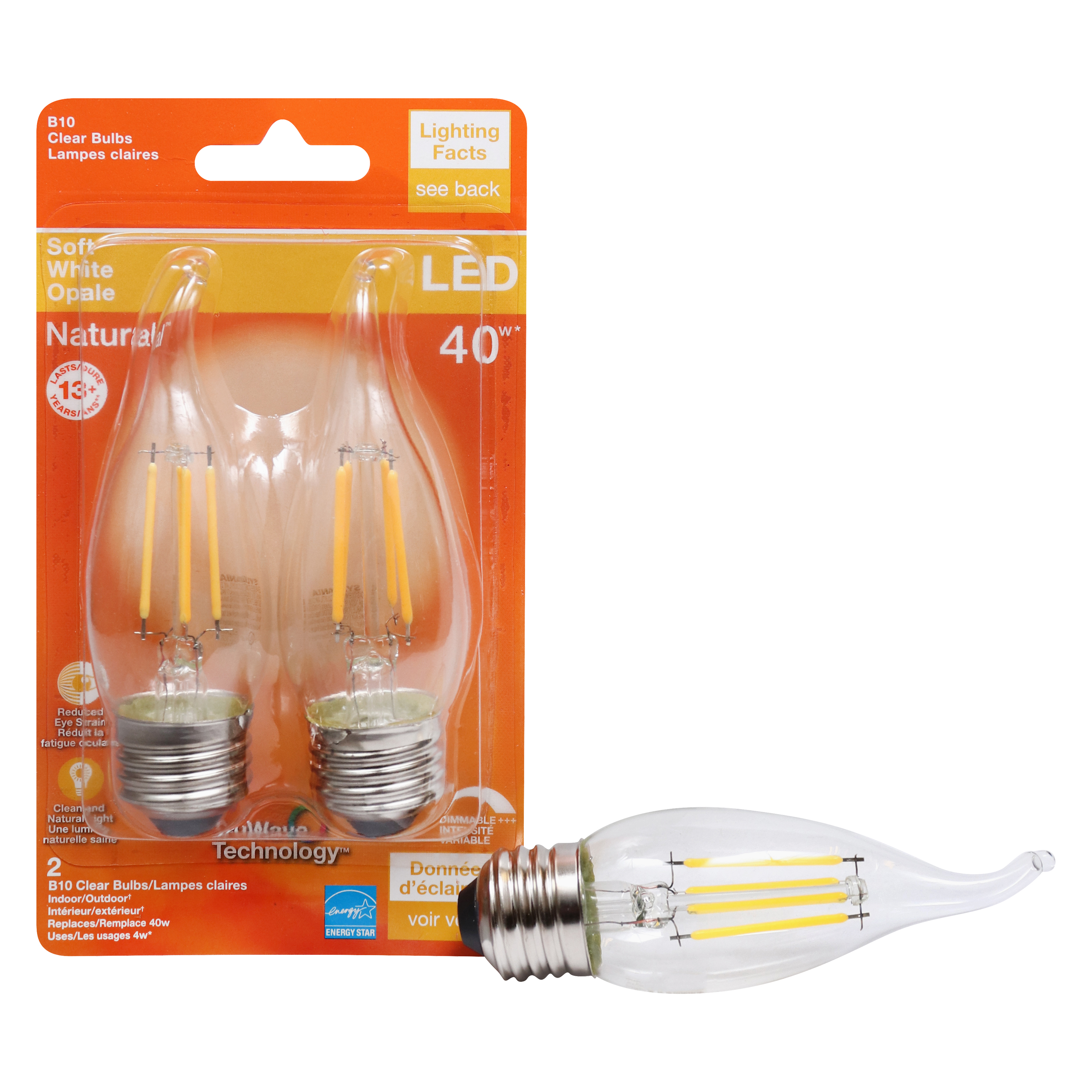 Sylvania 40756 Natural LED Bulb, Decorative, B10 Bent Tip Lamp, 40 W Equivalent, E26 Lamp Base, Dimmable, Clear