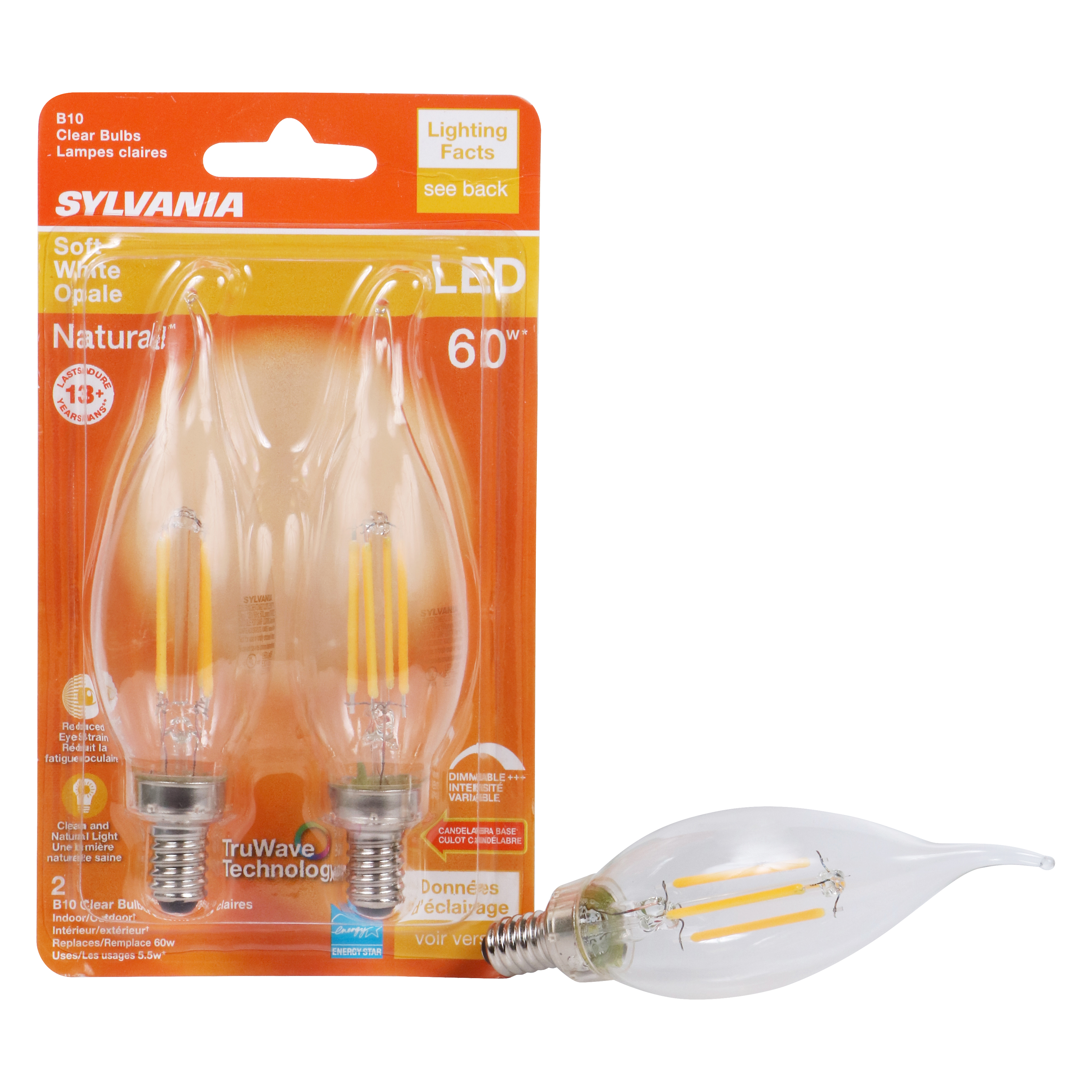Sylvania 40757 Natural LED Bulb, Decorative, B10 Bent Tip Lamp, 60 W Equivalent, E12 Lamp Base, Dimmable, Clear