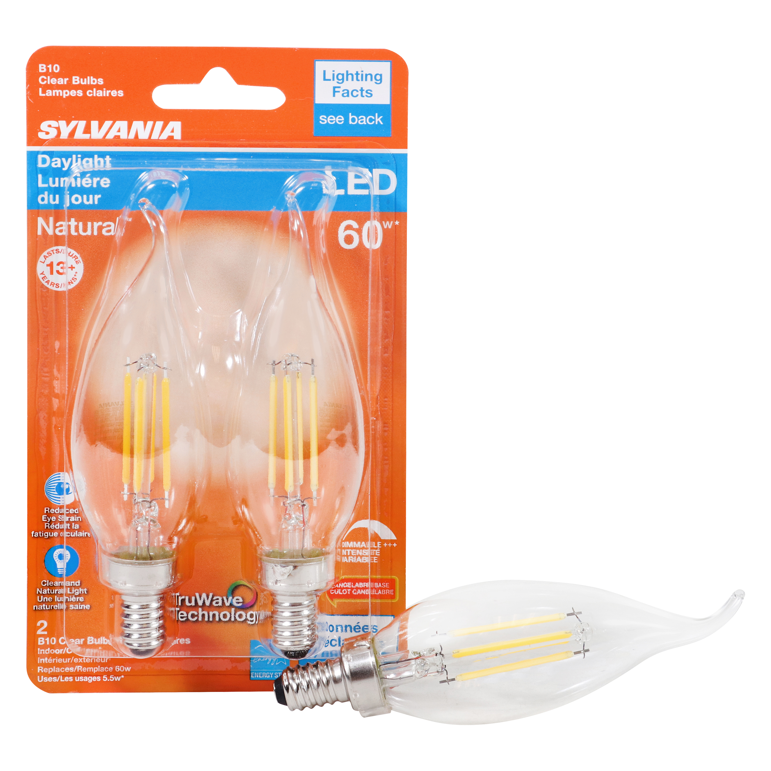 Sylvania 40759 Natural LED Bulb, Decorative, B10 Bent Tip Lamp, 60 W Equivalent, E12 Lamp Base, Dimmable, Clear