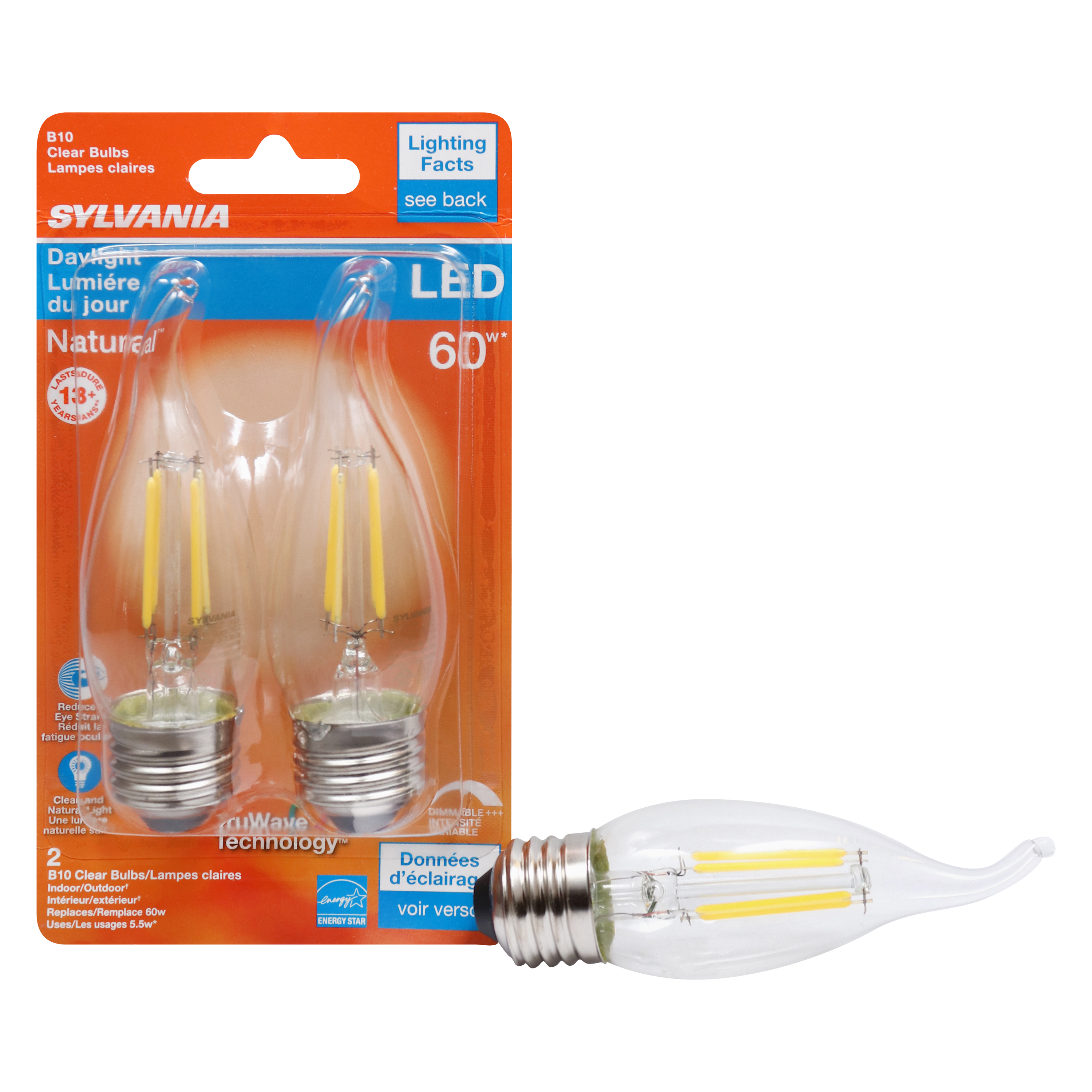 40760 Natural LED Bulb, Decorative, B10 Bent Tip Lamp, 60 W Equivalent, E26 Lamp Base, Dimmable, Clear