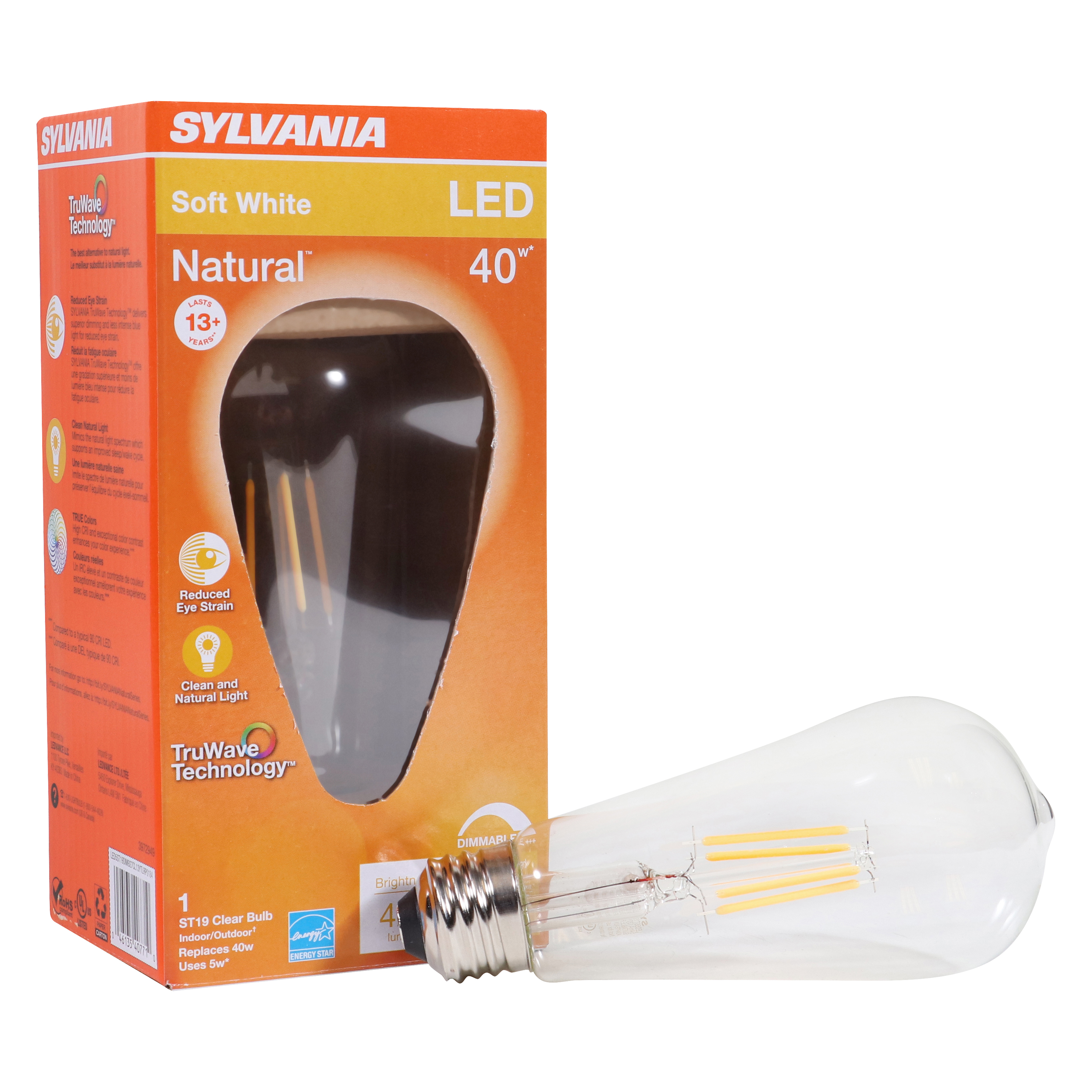 40771 Natural LED Bulb, Decorative, ST19 Lamp, 40 W Equivalent, E26 Lamp Base, Dimmable, Clear