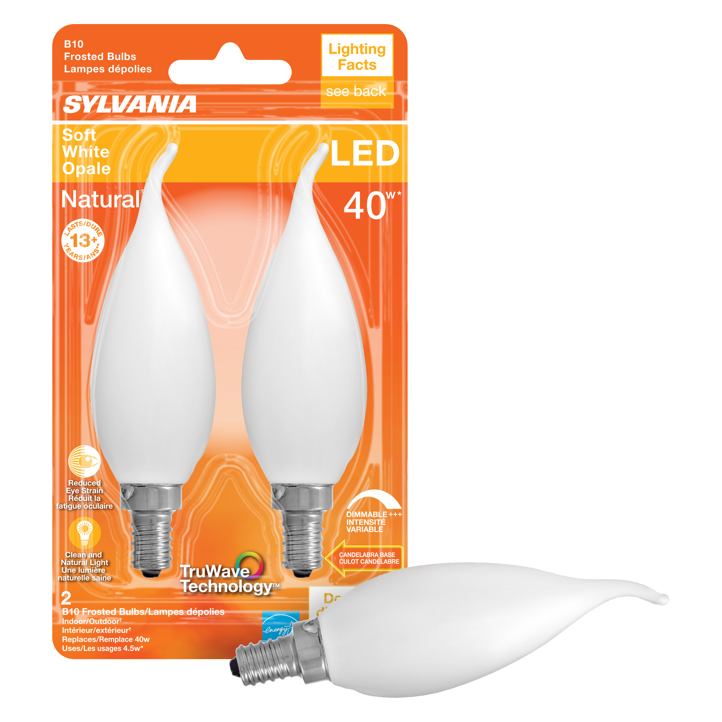 Sylvania 40779 Natural LED Bulb, Decorative, B10 Bent Tip Lamp, 40 W Equivalent, E12 Lamp Base, Dimmable, Frosted