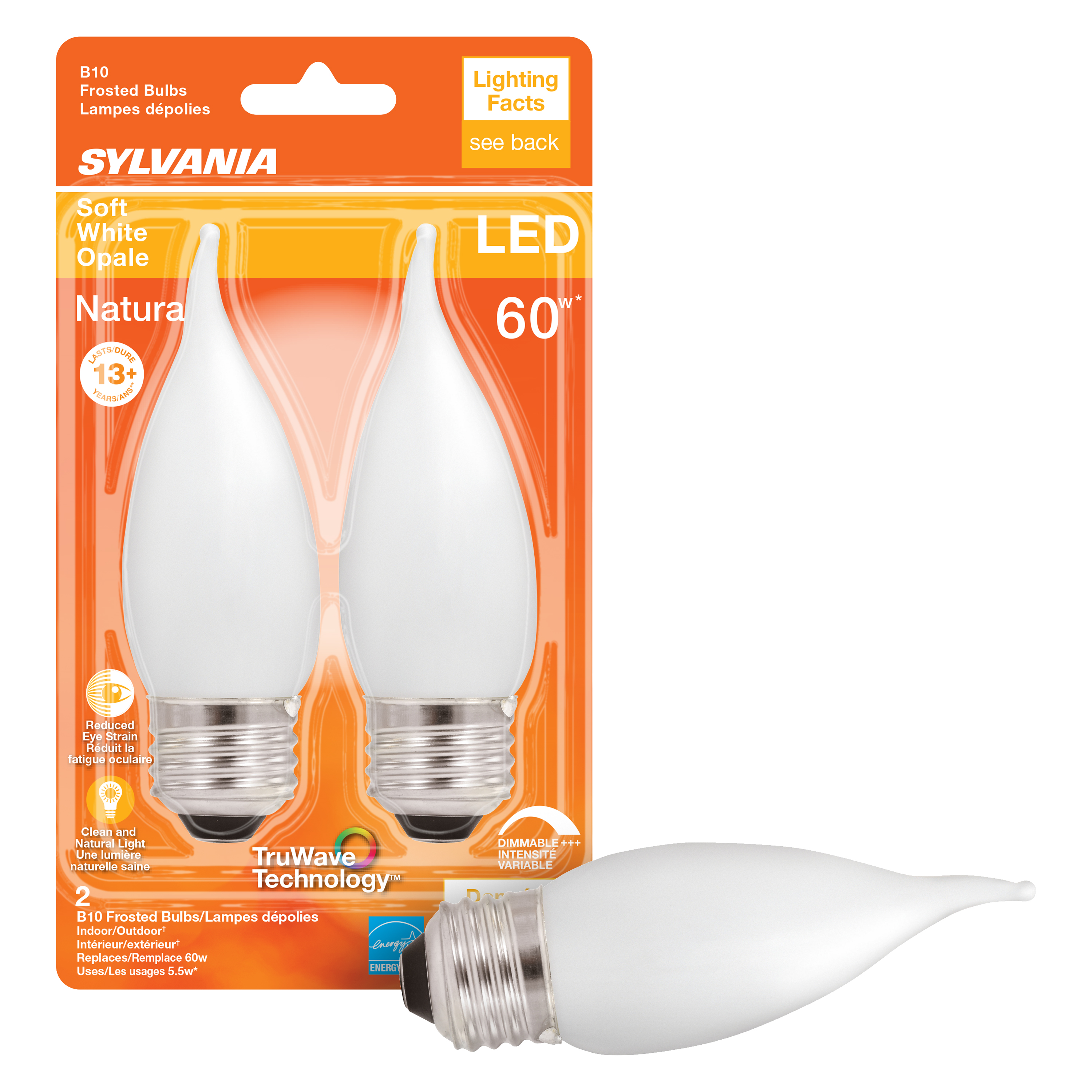 Sylvania 40783 Natural LED Bulb, Decorative, B10 Bent Tip Lamp, 60 W Equivalent, E26 Lamp Base, Dimmable, Frosted