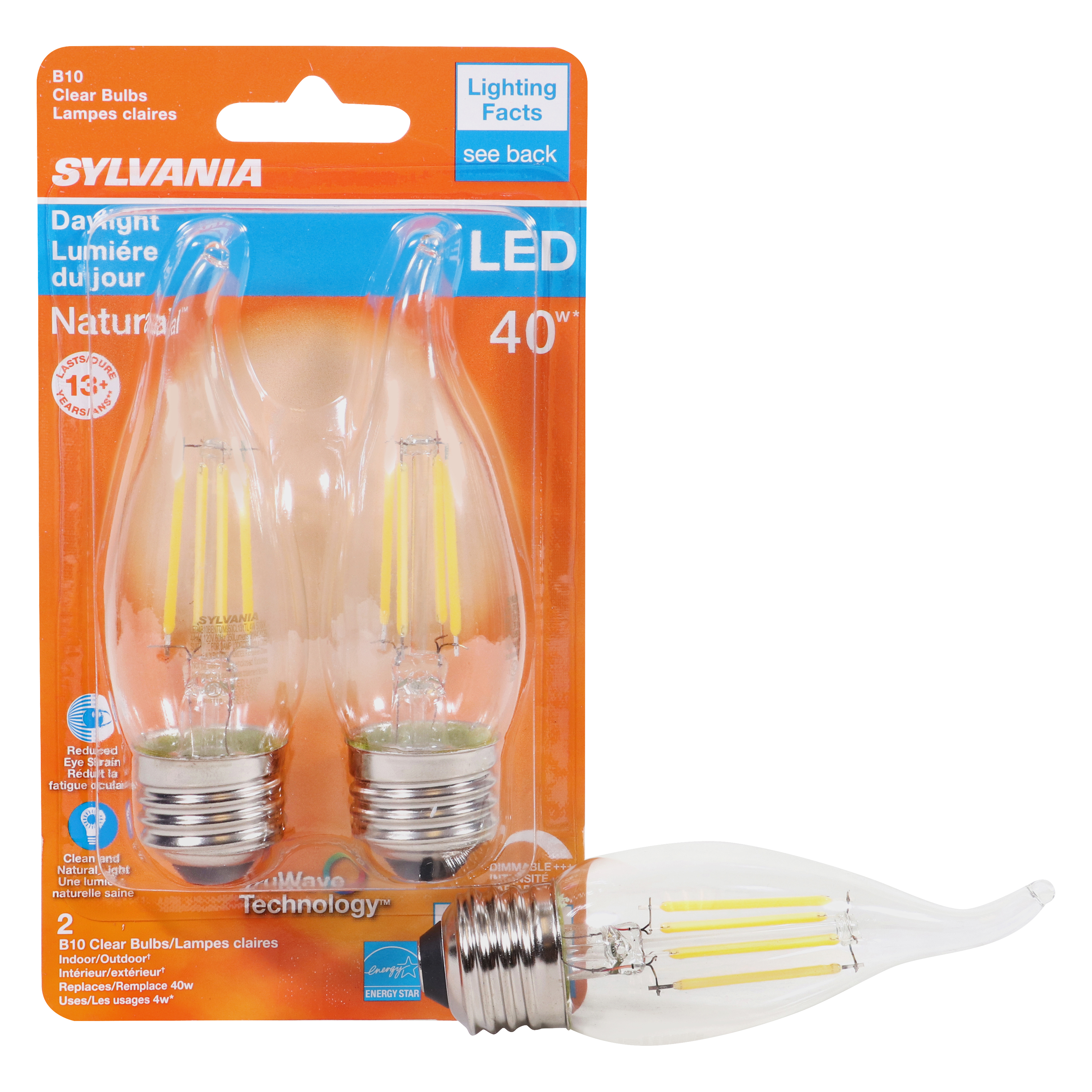 40792 Natural LED Bulb, Decorative, B10 Bent Tip Lamp, 40 W Equivalent, E26 Lamp Base, Dimmable, Clear