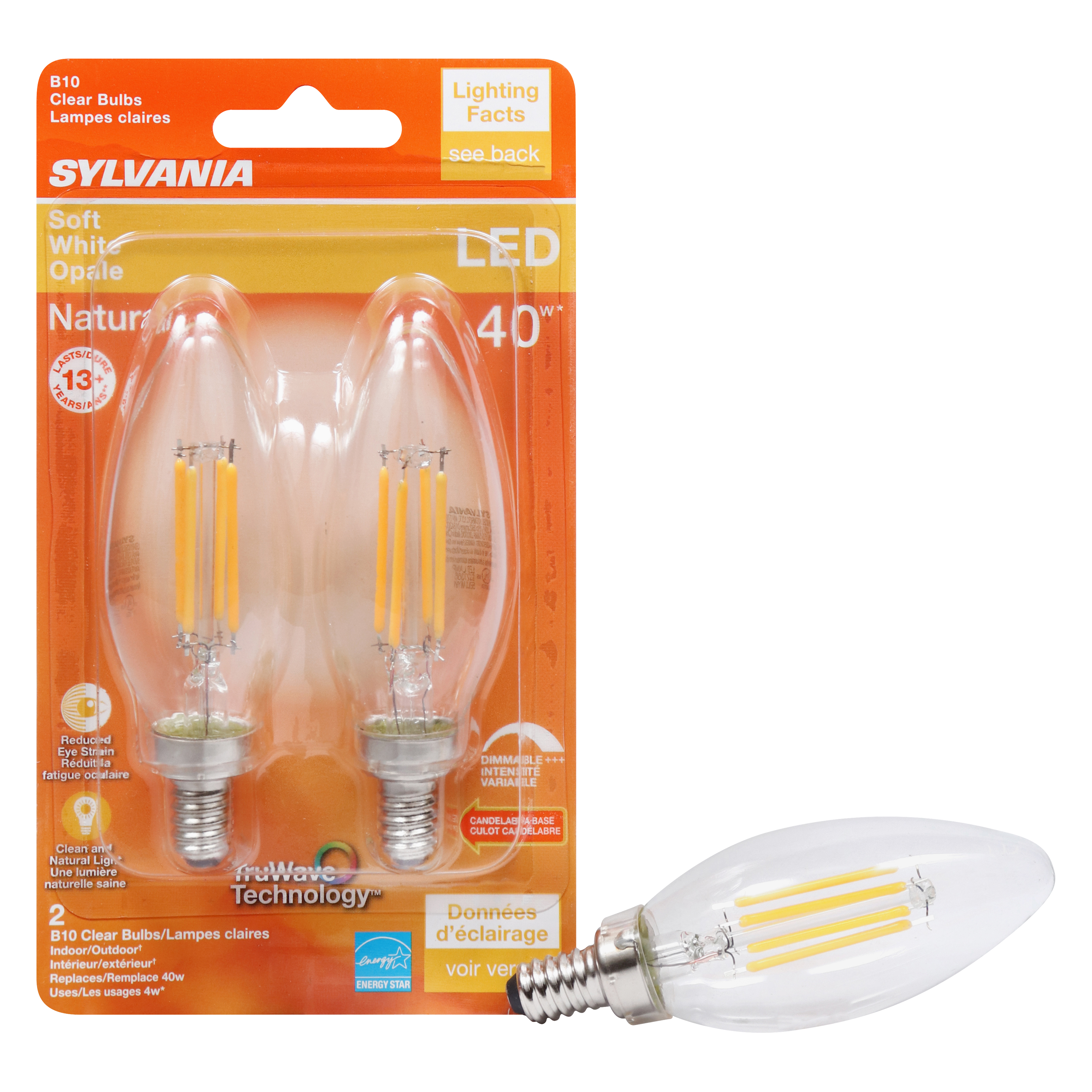 Sylvania 40794 Natural LED Bulb, Decorative, B10 Blunt Tip Lamp, 40 W Equivalent, E12 Lamp Base, Dimmable, Clear