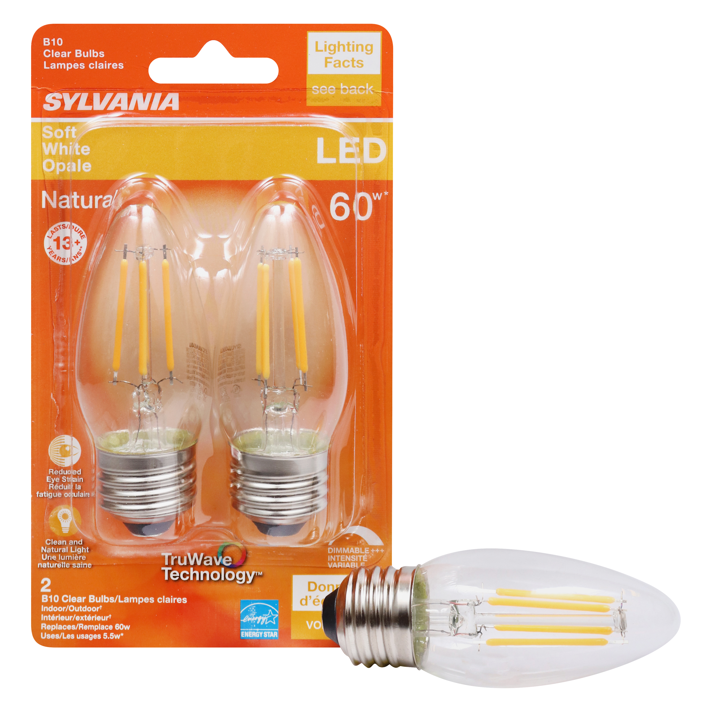 Sylvania 40795 Natural LED Bulb, Decorative, B10 Blunt Tip Lamp, 60 W Equivalent, E26 Lamp Base, Dimmable, Clear