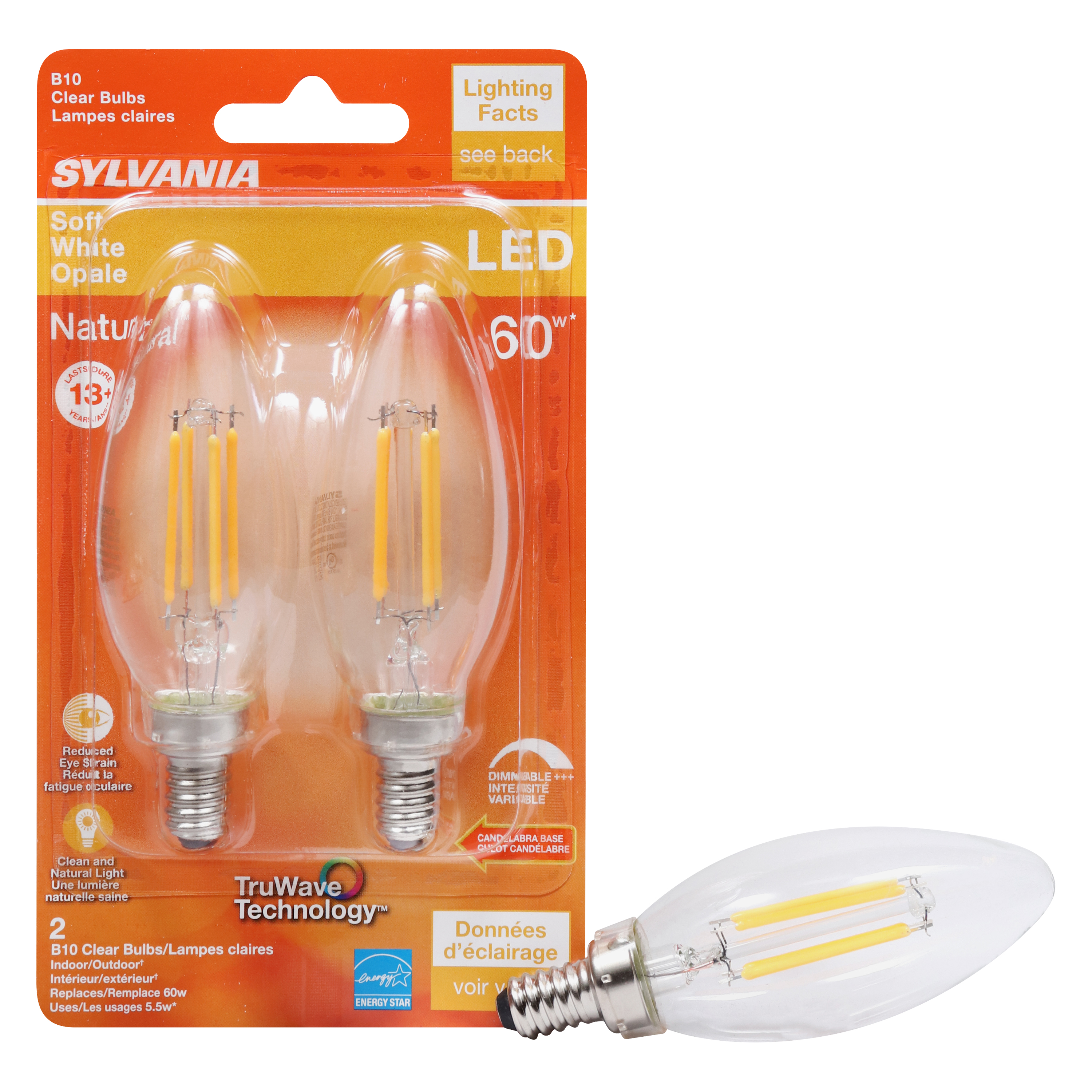 Sylvania 40796 Natural LED Bulb, Decorative, B10 Blunt Tip Lamp, 60 W Equivalent, E12 Lamp Base, Dimmable, Clear