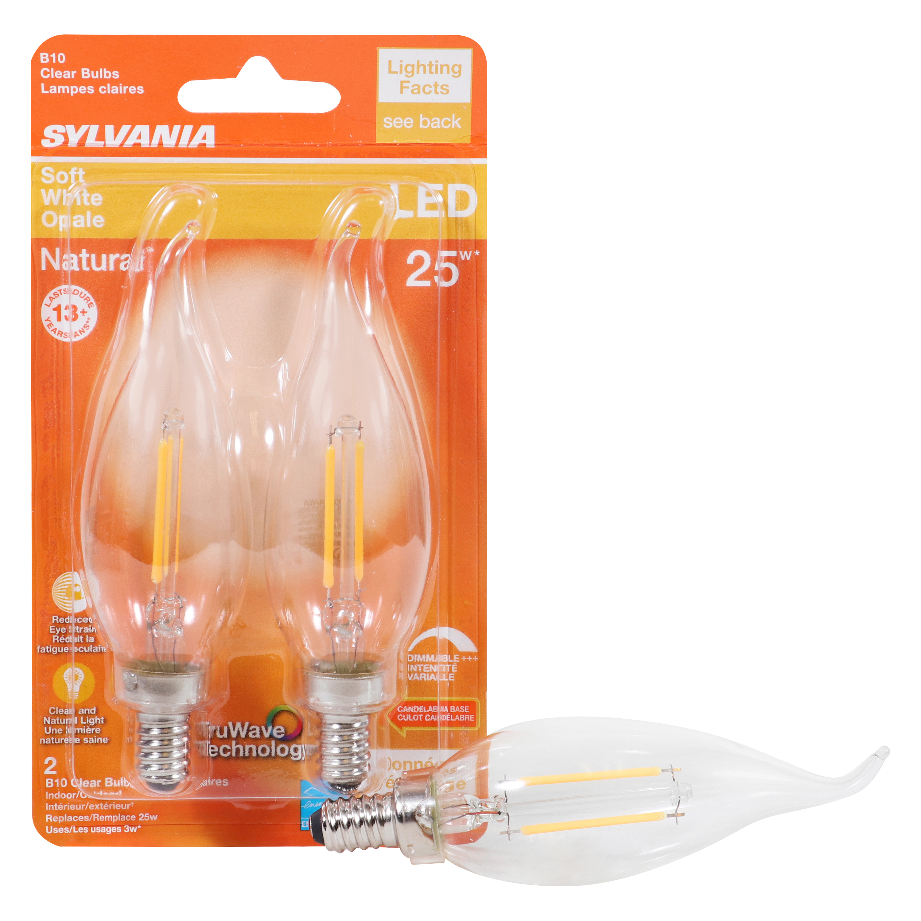 Sylvania 40854 Natural LED Bulb, Decorative, B10 Bent Tip Lamp, 25 W Equivalent, E12 Lamp Base, Dimmable, Clear
