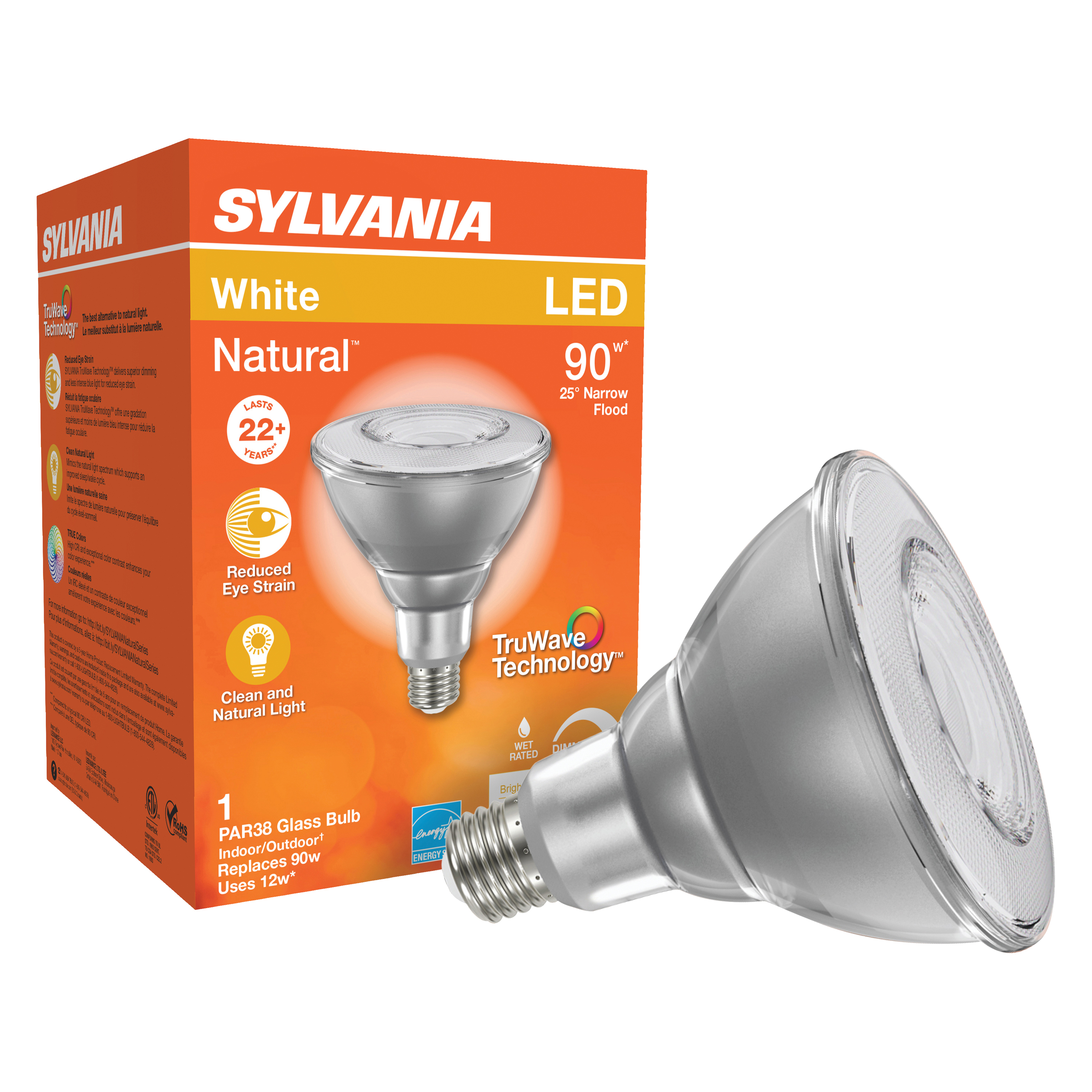 Sylvania 40901 Natural LED Bulb, 120 V, 1100 Lumens, 13 W, PAR38 Lamp, E26 Lamp Base, Dimmable, Clear, Cool White