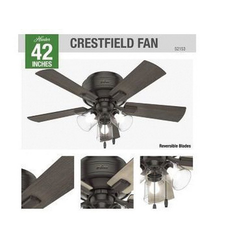 Crestfield Low Profile Ceiling Fan, Hunter, 42 in Dia, Bronze - 2