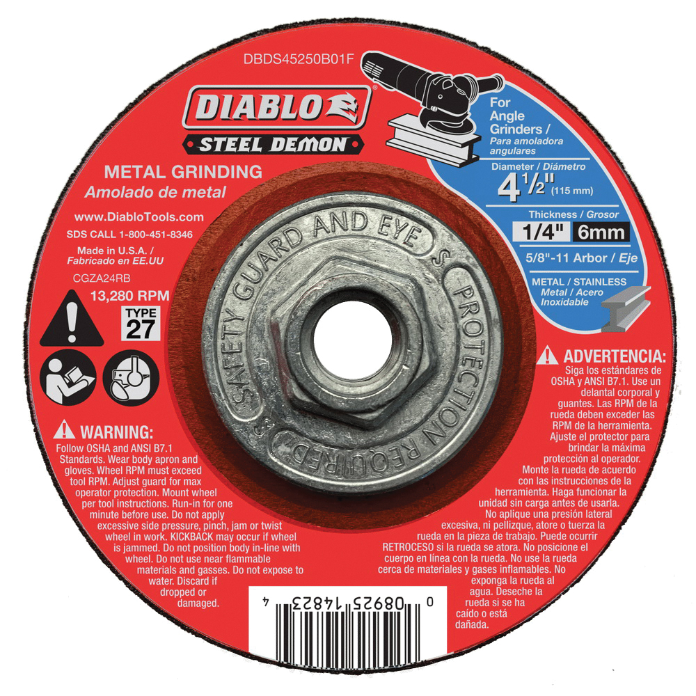 Steel Demon DBDS45250B01F Metal Grinding Disc, 4-1/2 in Dia, 1/4 in Thick, 5/8-11 Arbor, Ceramic Abrasive