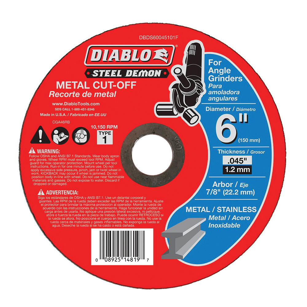 Diablo DBDS60045101F Type 1 Cut-Off Disc, 6 in Dia, 0.045 in Thick, 7/8 in Arbor, Ceramic Abrasive