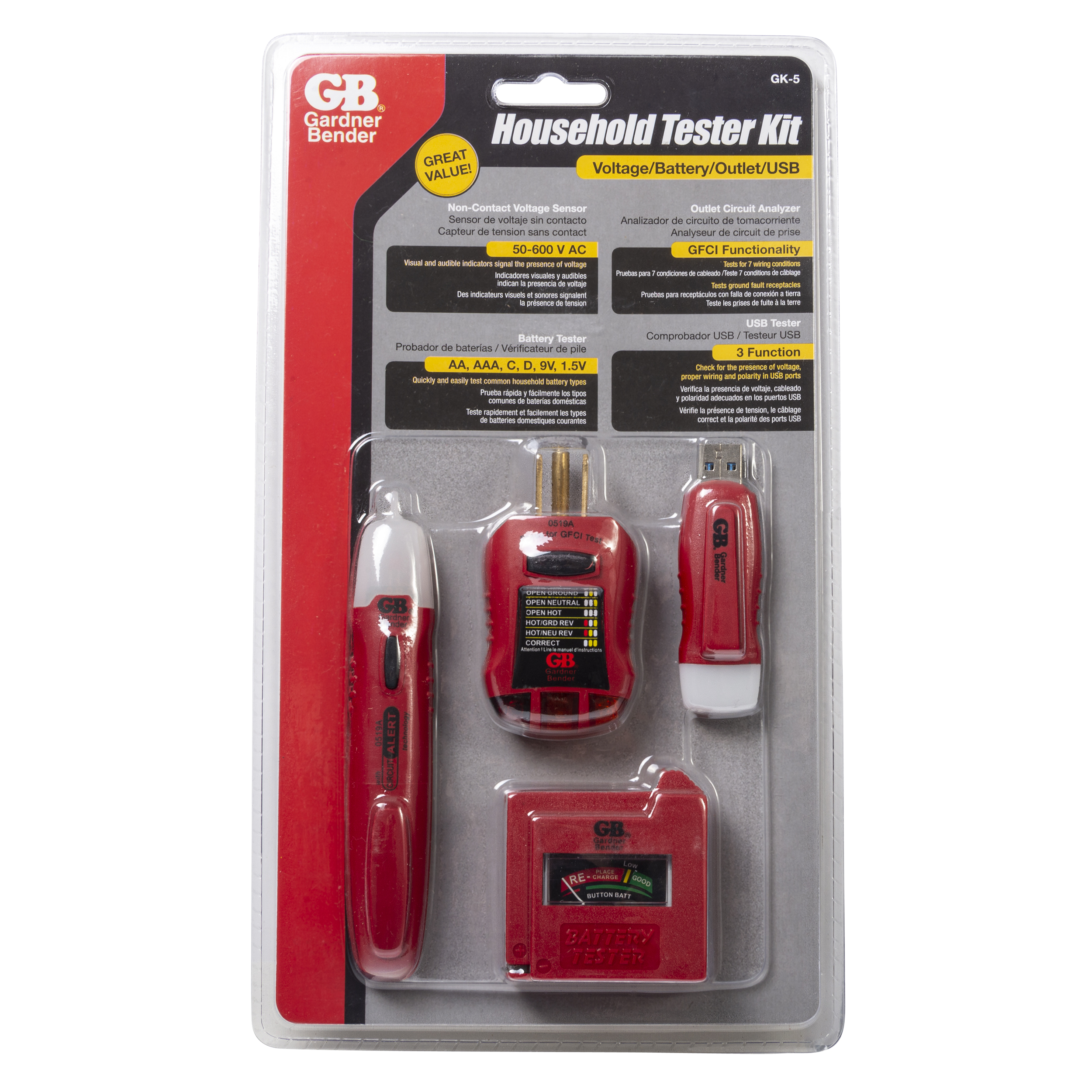 GB GK-5 Electrical Tester Kit, 4-Piece, Plastic, Red - 2
