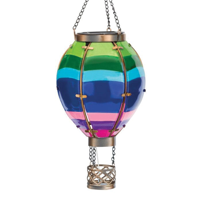 12769 Stripe Hot Air Balloon Small Lantern, Solar, LED Lamp, Glass/Metal, Multi-Color
