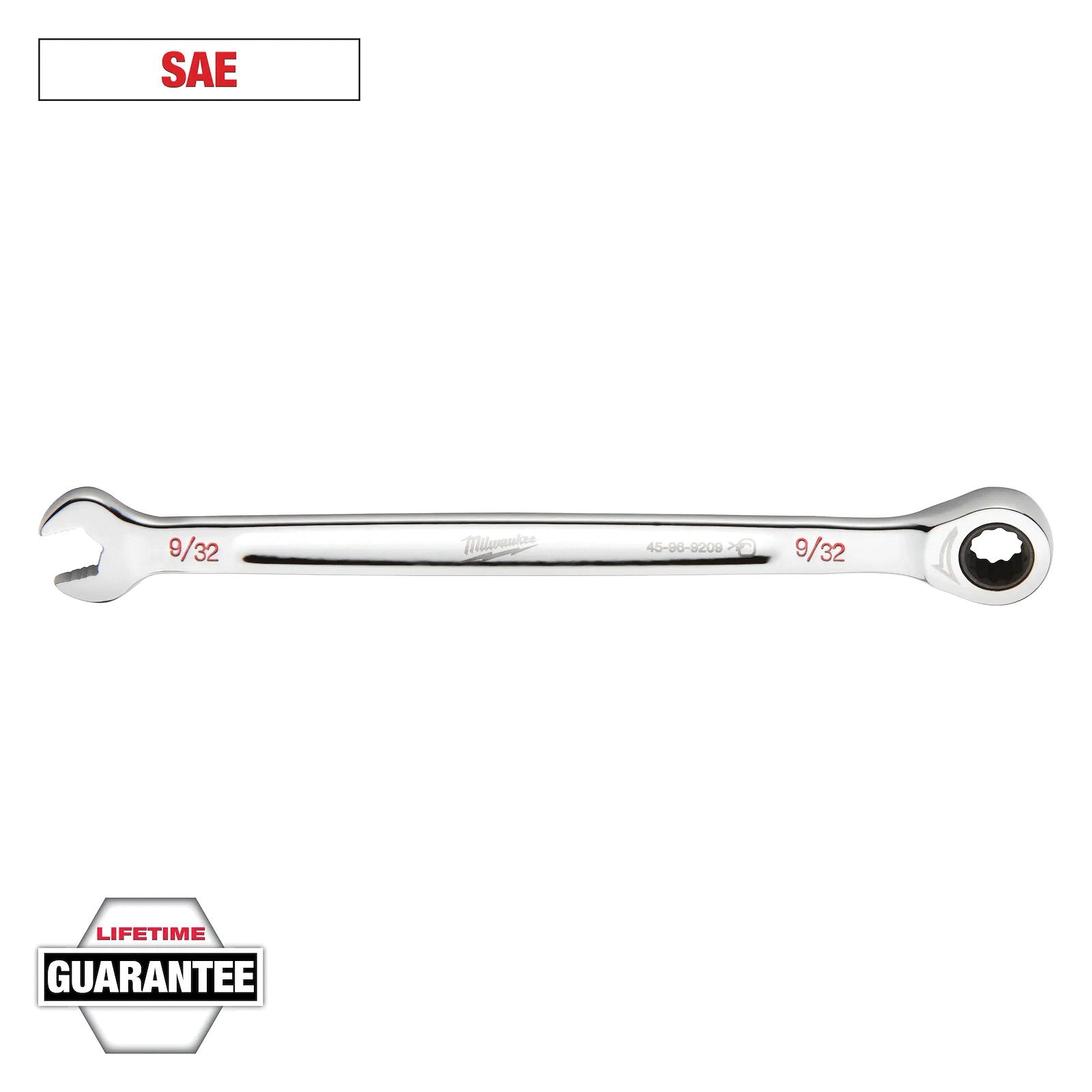 45-96-9209 Ratcheting Combination Wrench, SAE, 9/32 in Head, 5.57 in L, 12-Point, Steel, Chrome-Plated