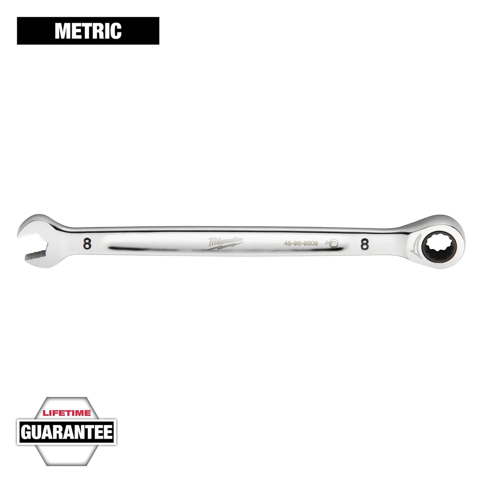 45-96-9308 Ratcheting Combination Wrench, Metric, 8 mm Head, 5-3/4 in L, 12-Point, Steel, Chrome-Plated