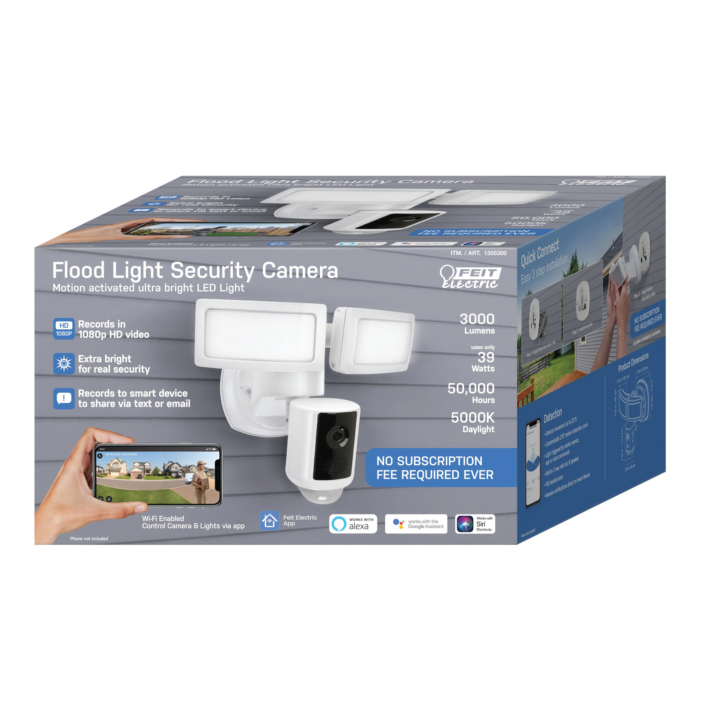 Feit Electric SEC3000/CAM/WIFI Security Light Smart Camera, 270 deg View, 1080 pixel Resolution, Motion Image Sensor - 2