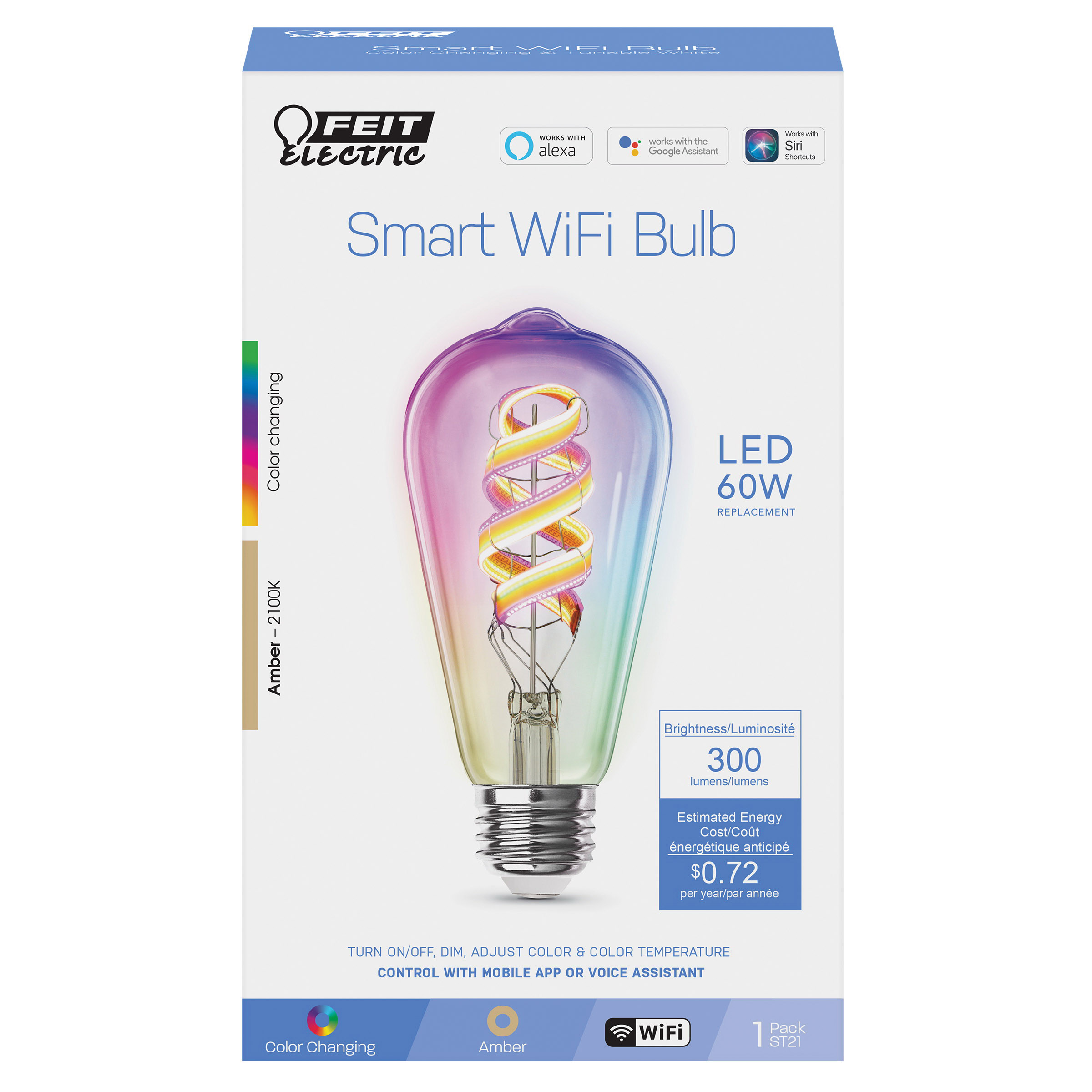 Feit Electric ST2160/RGBW/FIL/AG Smart Bulb, 6 W, Wi-Fi Connectivity: Yes, Remote, Voice Control, Clear Light - 2
