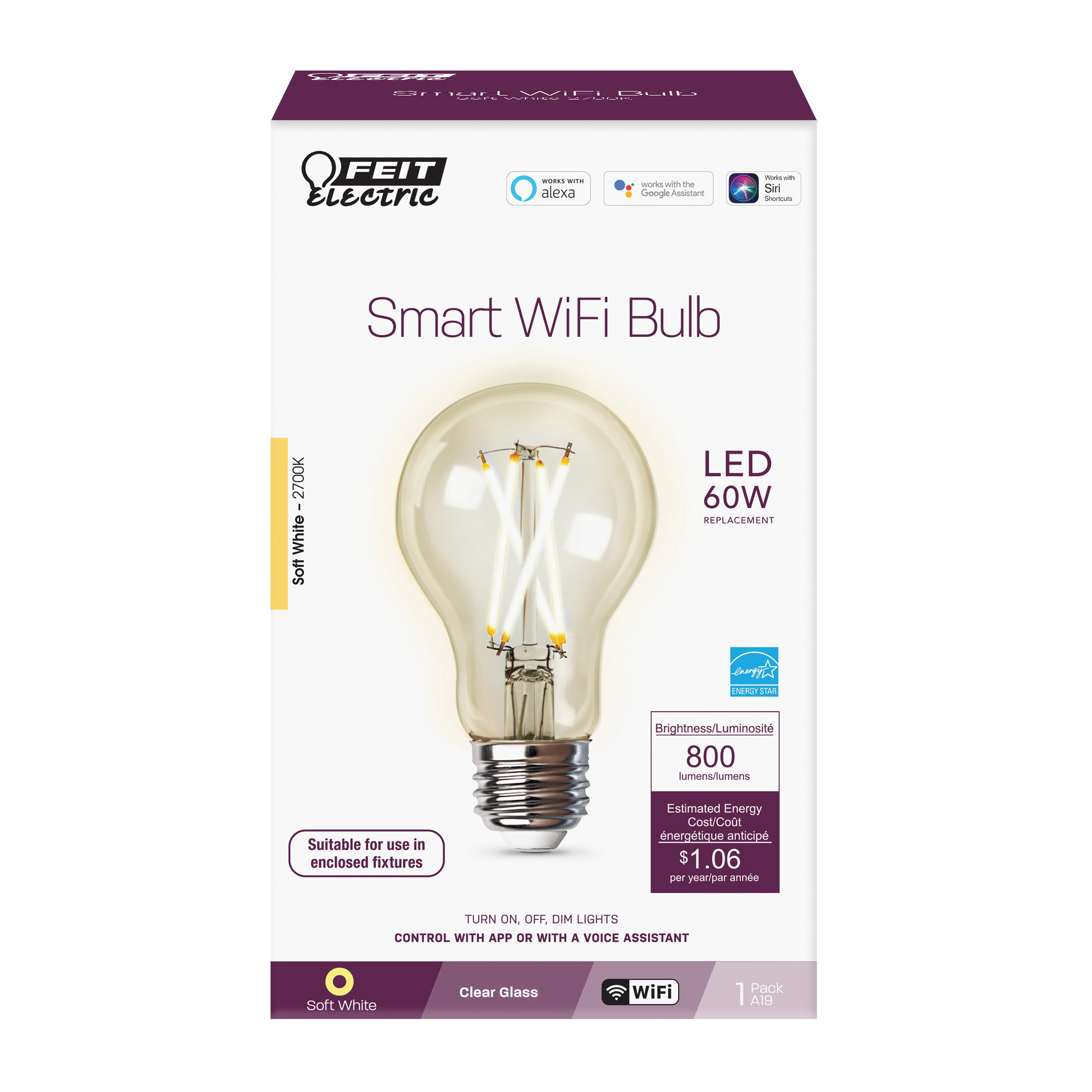 Feit Electric A1960CL/927CA/FIL/AG Smart Bulb, 8.8 W, Wi-Fi Connectivity: Yes, Remote, Voice Control, LED Lamp - 2