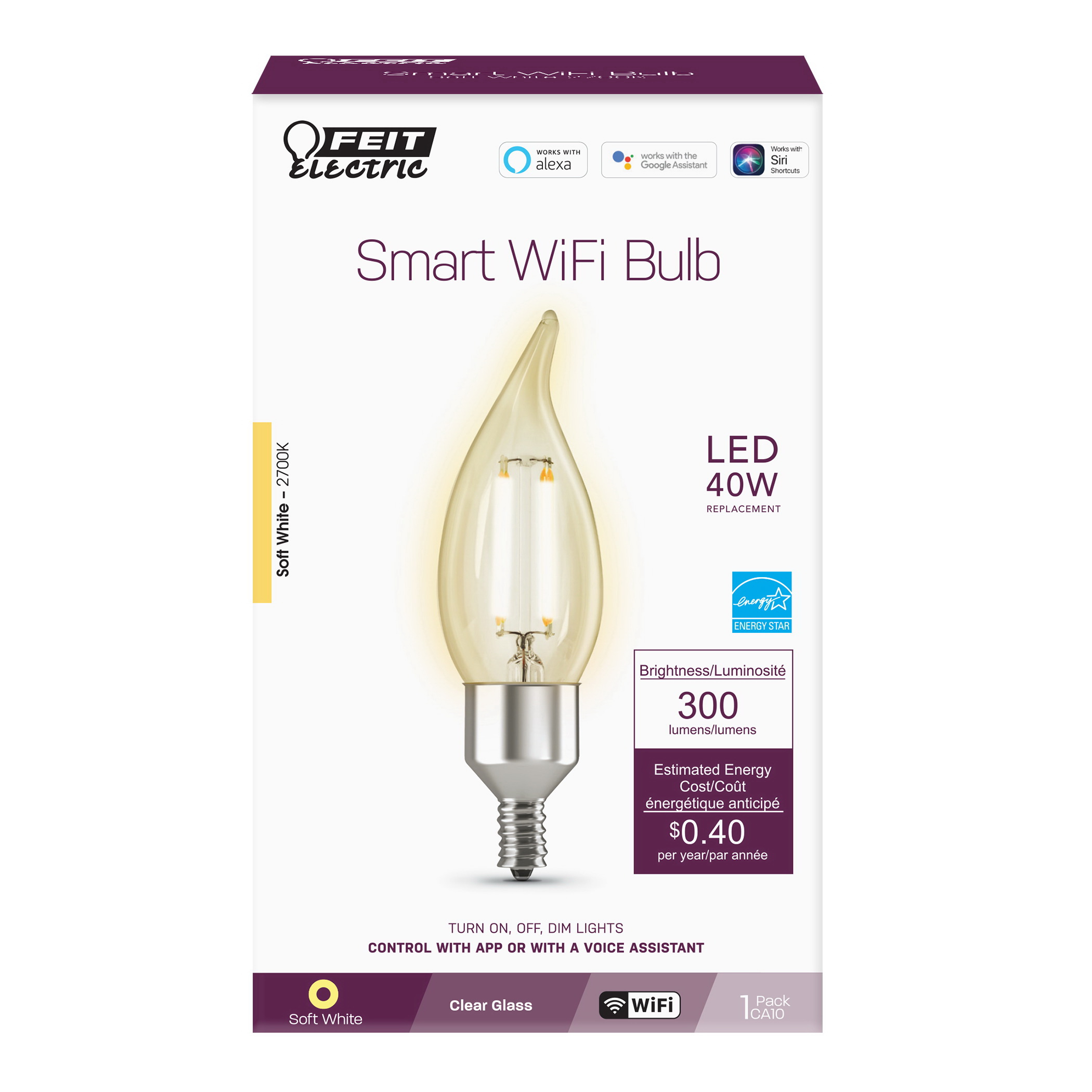 Feit Electric CFC40/927CA/FIL/AG Smart Bulb, 3.3 W, Wi-Fi Connectivity: Yes, Voice Control, E12 Candelabra Lamp Base - 2