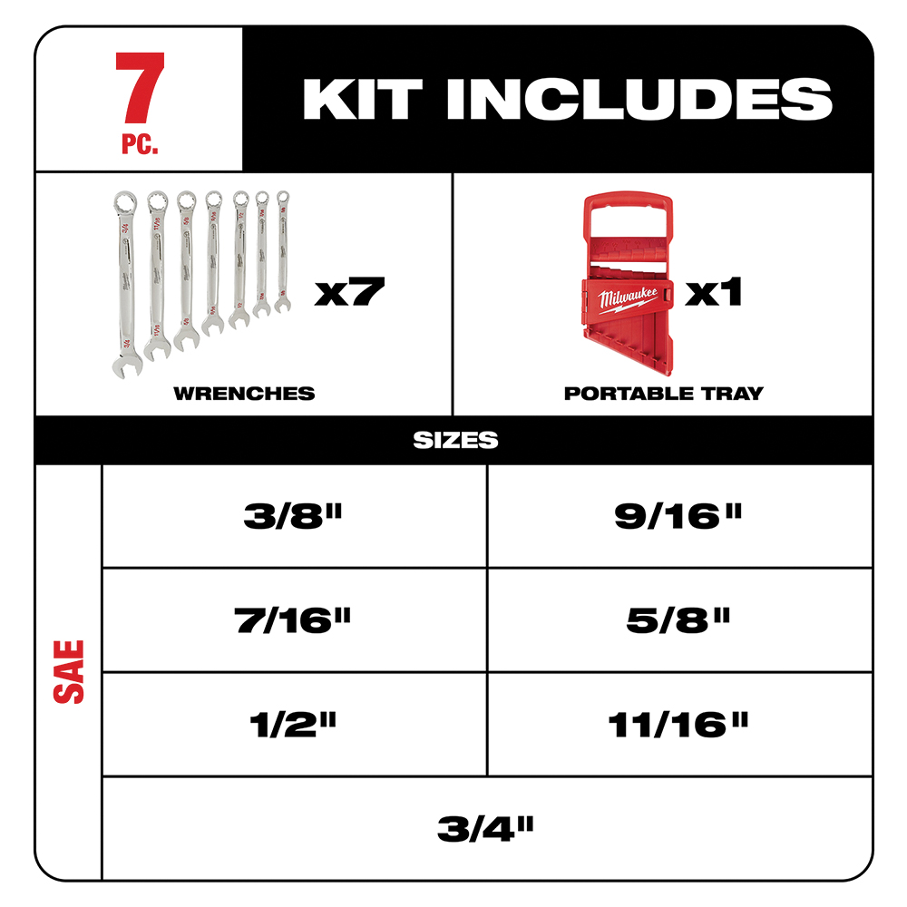 Combination Wrench Set, Milwaukee, 7-Piece, Vanadium Steel, Chrome - 2