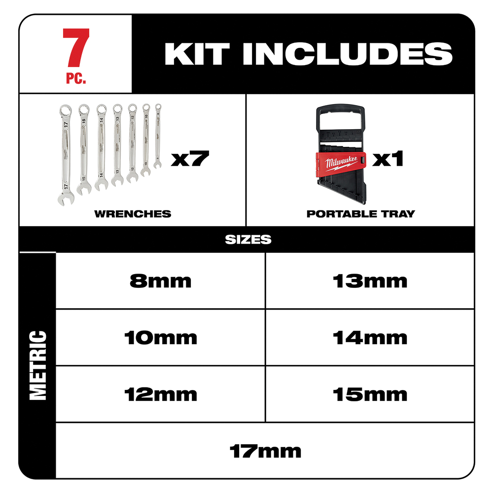 Combination Wrench Set, Milwaukee, 7-Piece, Vanadium Steel, Chrome, 7/SET - 2