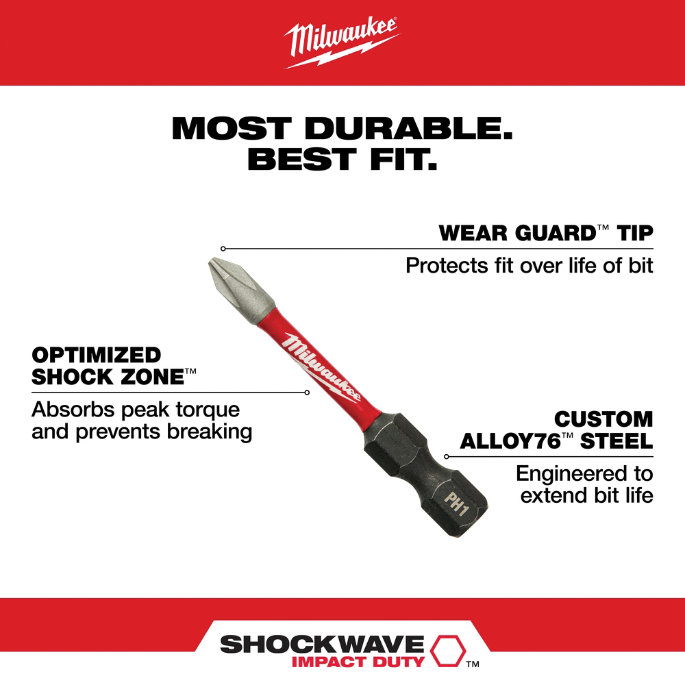 Impact Power Bit, Milwaukee, SHOCKWAVE Impact Duty, #2 Drive, Square Drive, Hex Shank, 2 in L, Steel - 4