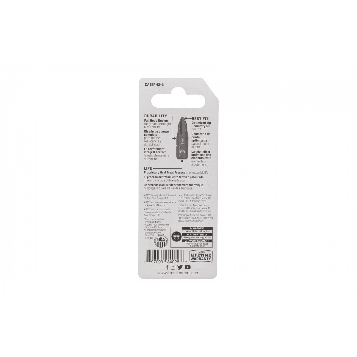 Crescent APEX CAB1PH2-2 Insert Bit, #2 Drive, Phillips Drive, 1/4 in Shank, Hex Shank, 1 in L, Steel - 4