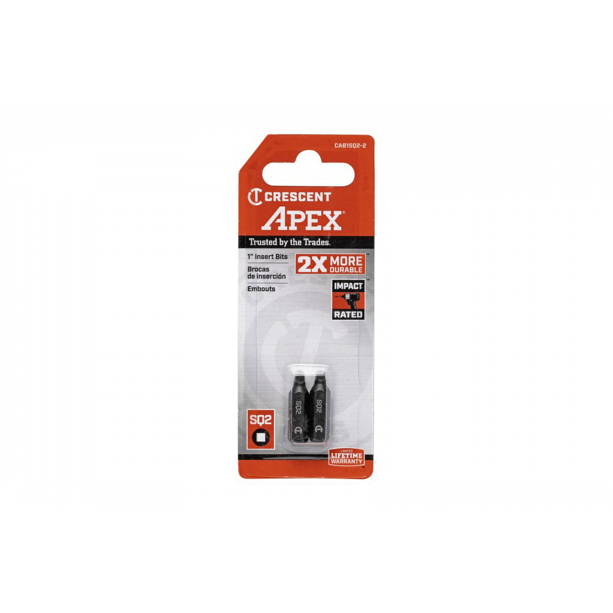Crescent APEX CAB1SQ2-2 Insert Bit, #2 Drive, Square Drive, 1/4 in Shank, Hex Shank, 1 in L, Steel - 3