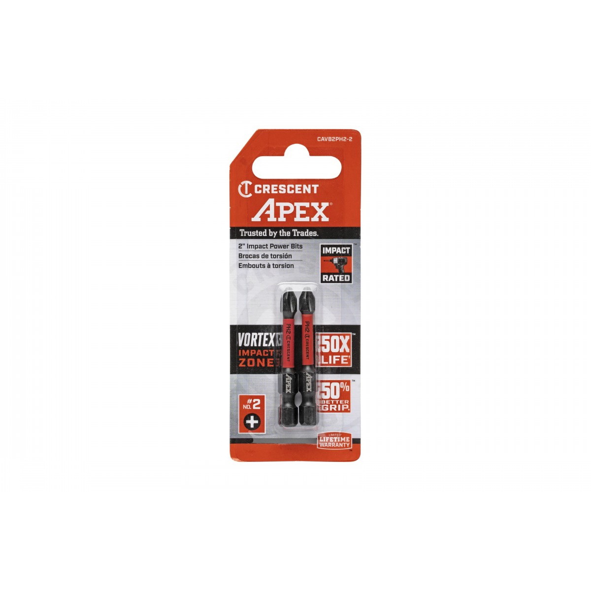 Crescent APEX Vortex CAVB2PH2-2 Impact Power Bit, #2 Drive, Phillips Drive, 1/4 in Shank, Hex Shank, 2 in L, Steel - 3