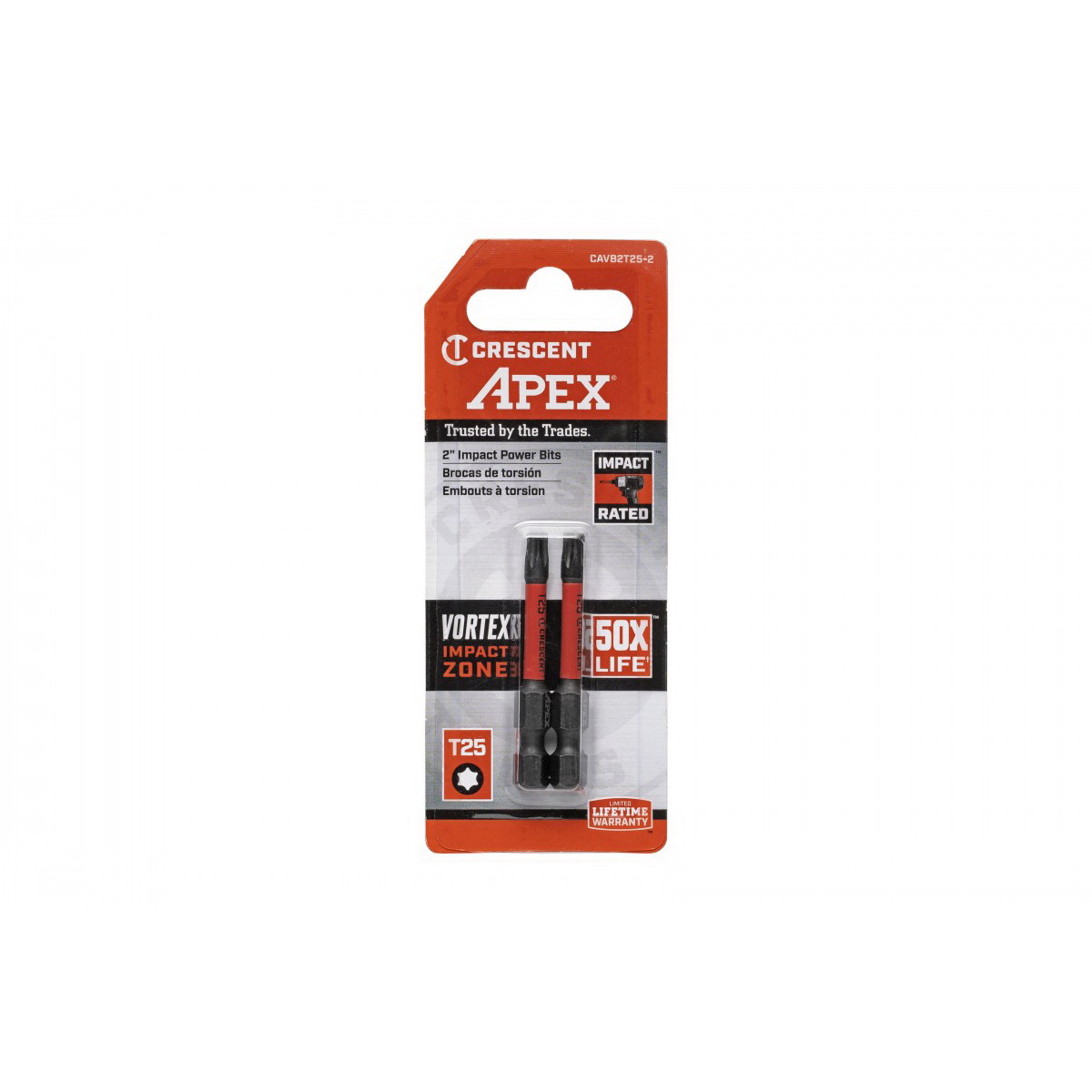 Crescent APEX Vortex CAVB2T25-2 Impact Power Bit, T25 Drive, Torx Drive, 1/4 in Shank, Hex Shank, 2 in L, Steel - 3