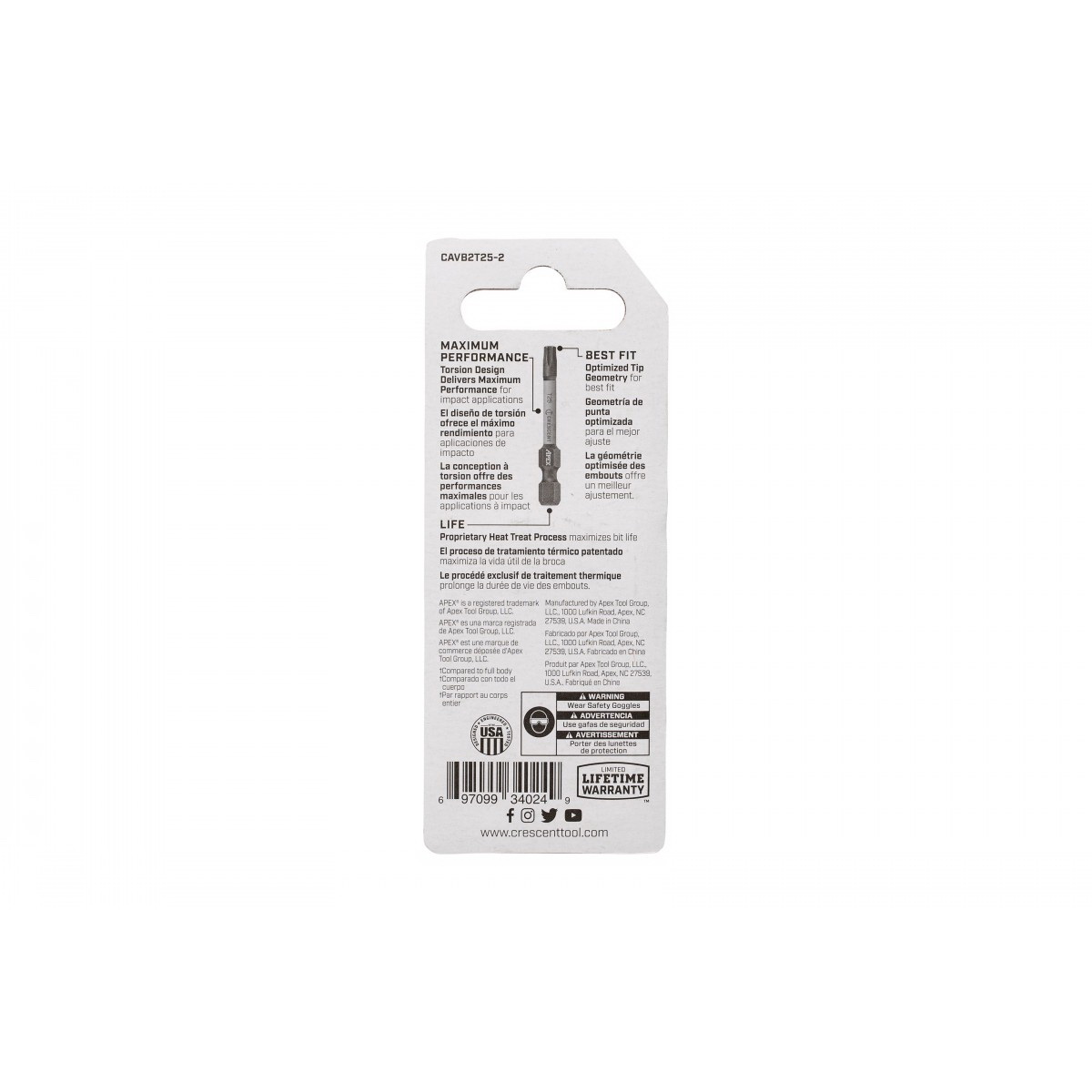 Crescent APEX Vortex CAVB2T25-2 Impact Power Bit, T25 Drive, Torx Drive, 1/4 in Shank, Hex Shank, 2 in L, Steel - 4