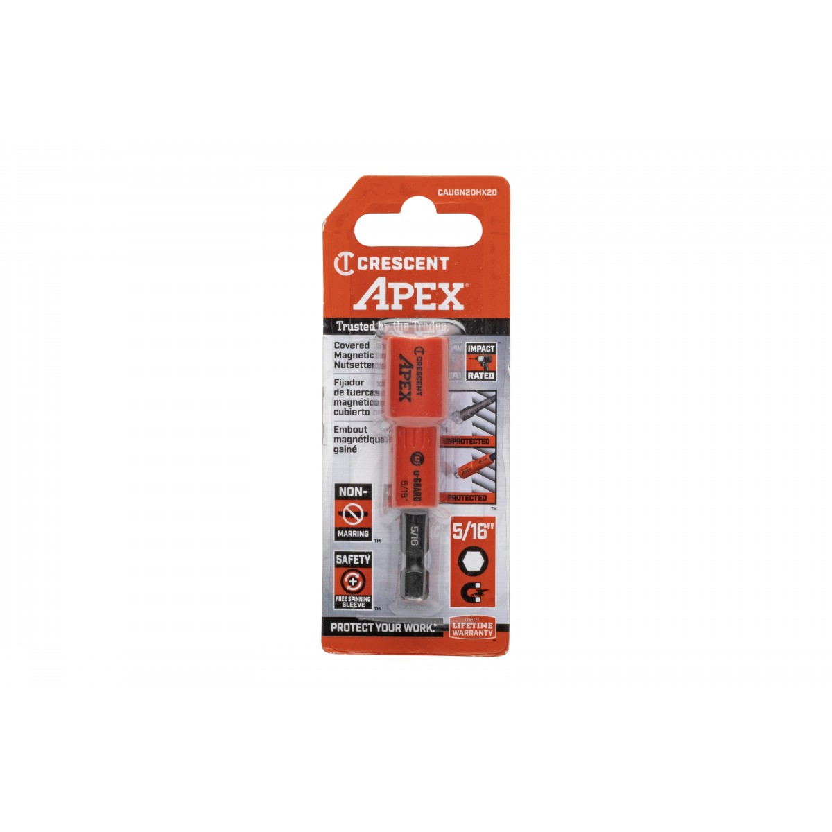 Crescent APEX u-GUARD CAUGN2DHX20 Covered Magnetic Nutsetter, 5/16 in Drive, 2.56 in L, Hex Shank