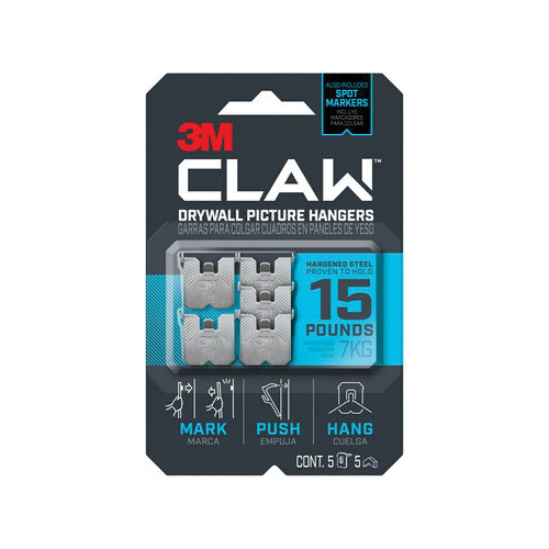 CLAW 3PH15M-5ES Drywall Picture Hanger, 15 lb, Steel, Push-In Mounting, 5/PK
