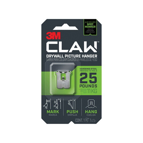 CLAW 3PH25M-1ES Drywall Picture Hanger, 25 lb, Steel, Push-In Mounting, 1/PK