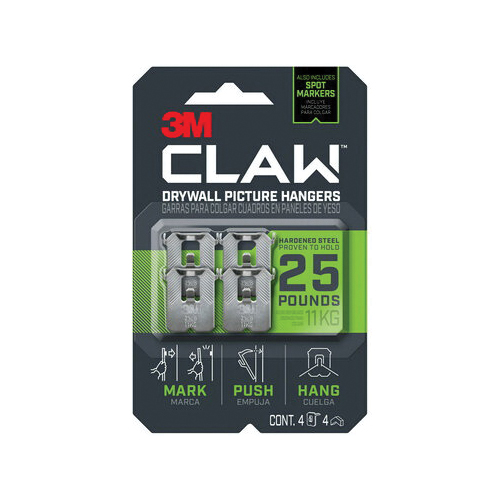 CLAW 3PH25M-4ES Drywall Picture Hanger, 25 lb, Steel, Push-In Mounting, 4/PK