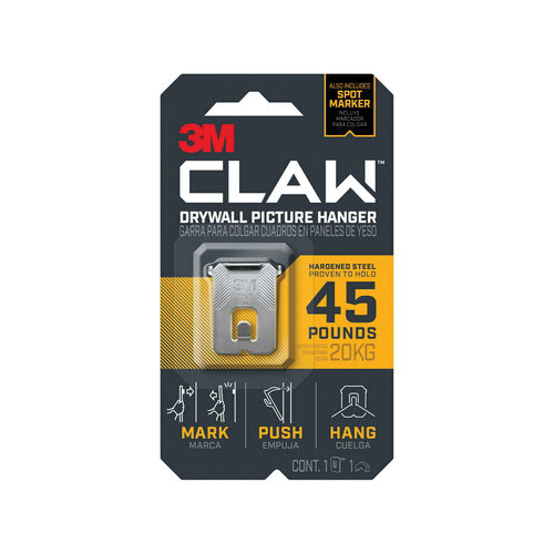CLAW 3PH45M-1ES Drywall Picture Hanger, 45 lb, Steel, Push-In Mounting, 1/PK